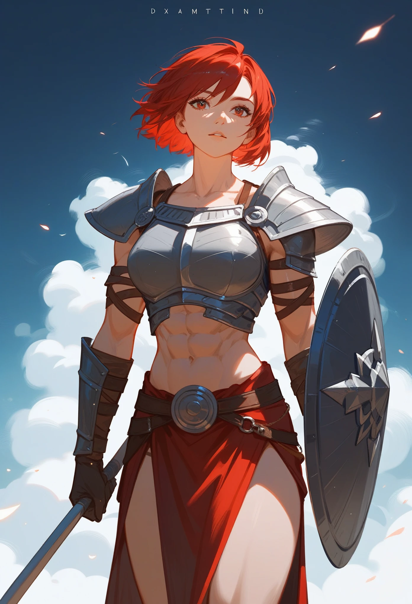 (Fraction_9,Fraction_8_Direction_7_up),1 a woman,（（（bust）））,Holding a huge shield，(masterpiece:1.2), best quality, high resolution,，A gladiator with a perfect body,,Beautiful and neat face,Muscular body:1.4,Detailed chest armor, Gloves、Standing, (head to thigh images),(( Red Bob Shorthair )),, Simon Bisley&#39;s urban wild style,Detailed ancient Roman background,Clean abs, Complex equipment, Dark Brown，With white stars and off-white stripes,,,of armor, Poison Tattoo，