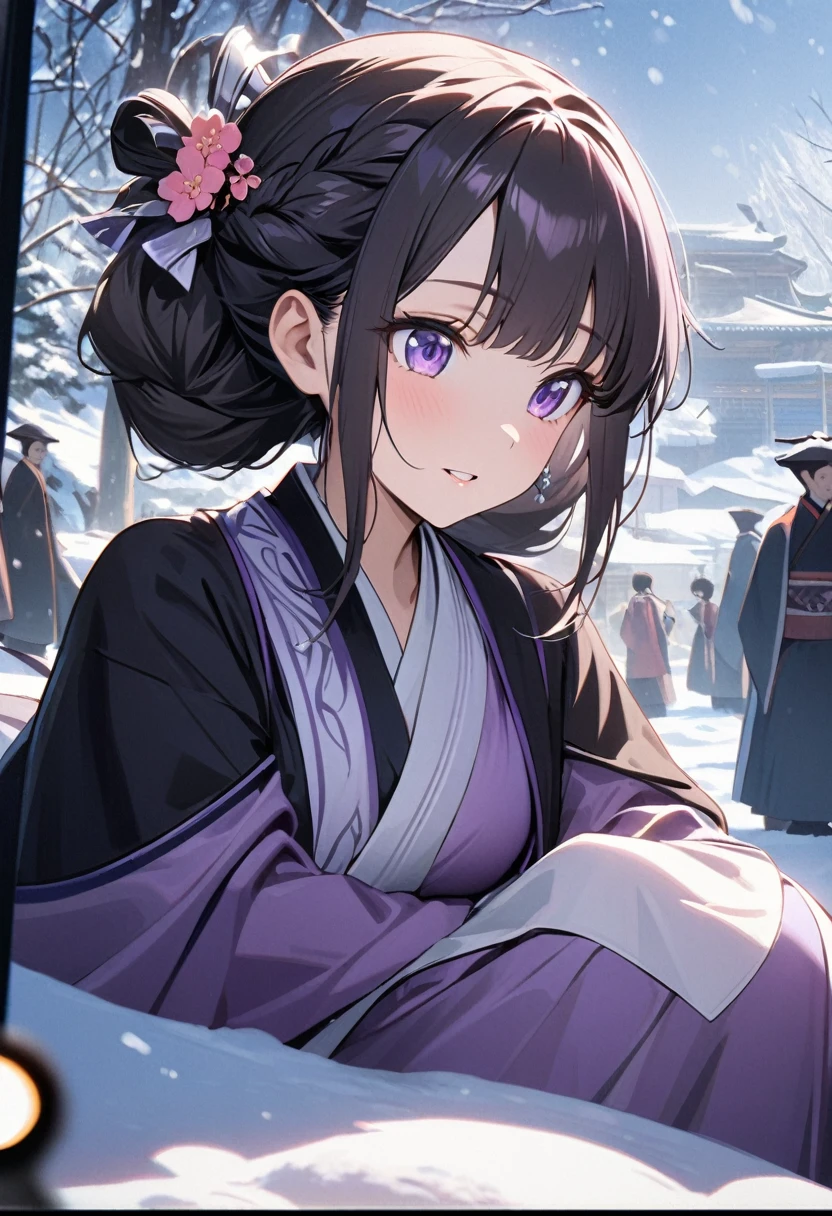 Bright purple Taoist robe, Hanfu long skirt, big eyes, masterpiece absolute beauty, 1 woman, close-up. Close-up, snow scene, 4K picture quality, twisted braid, princess hairstyle princess cut, simple hair accessories, plum blossoms, people can't forget the beauty when they see it, relaxing face