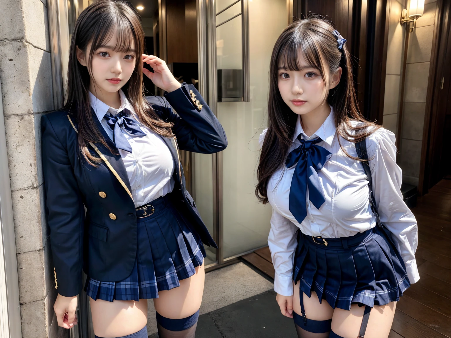 masterpiece, best quality, illustration, Super detailed, fine details, High resolution, 8K,wall paper, perfect dynamic composition,(Details High quality, realistic depiction of eyes:1.3), ((2 girls, 2 schoolgirls)), The background is a luxury hotel room、High school girl uniform、blazer 、Super Short Check Uniform Skirt、Navy blue high socks、garterbelts、Colossal tits、Disturbed uniform, Play with each other,Touching each other's bodies,Touching the body of the girl next door, short bob hair, black hair color, huge breasts, Big Natural Color Lip, bold sexy pose, (perfect body shape), crying a little、Harajuku style、Beautiful makeup,glitter makeup,Cutest 18 years old, beautiful legs, hposing Gravure Idol, Voluptuous thighs