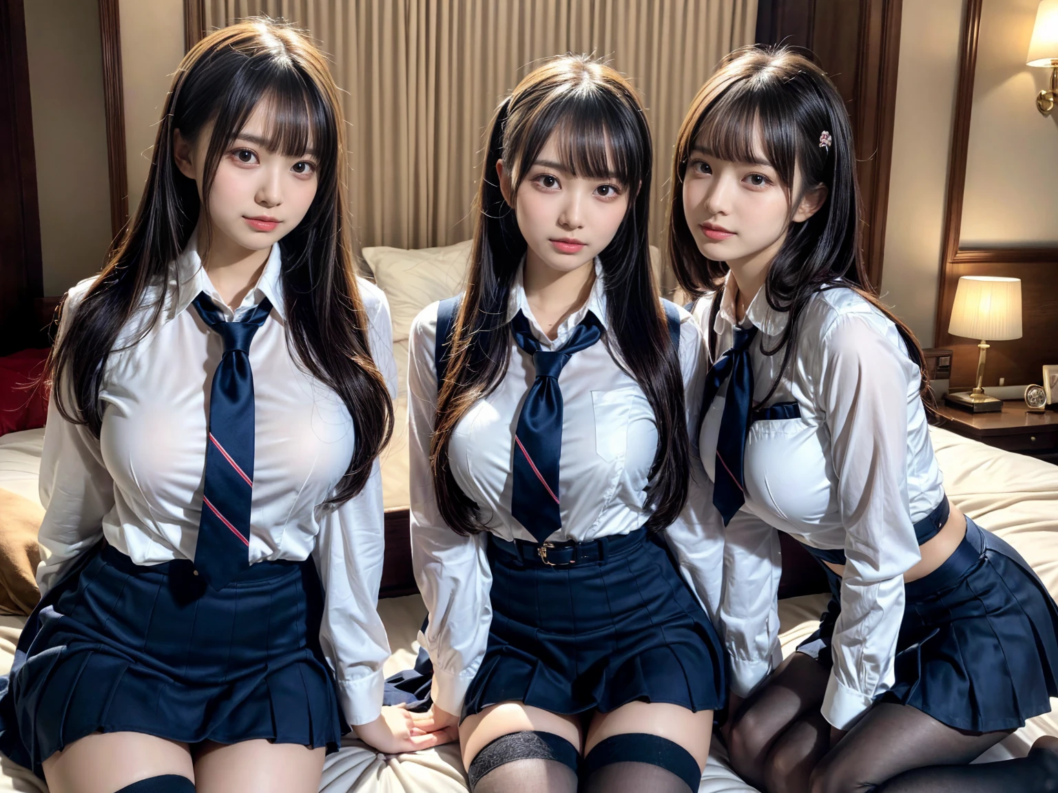 masterpiece, best quality, illustration, Super detailed, fine details, High resolution, 8K,wall paper, perfect dynamic composition,(Details High quality, realistic depiction of eyes:1.3), ((2 girls, 2 schoolgirls)), The background is a luxury hotel room、High school girl uniform、blazer 、Super Short Check Uniform Skirt、Navy blue high socks、garterbelts、Colossal tits、Disturbed uniform, Play with each other,Touching each other's bodies,Touching the body of the girl next door, short bob hair, black hair color, huge breasts, Big Natural Color Lip, bold sexy pose, (perfect body shape), crying a little、Harajuku style、Beautiful makeup,glitter makeup,Cutest 18 years old, beautiful legs, hposing Gravure Idol, Voluptuous thighs