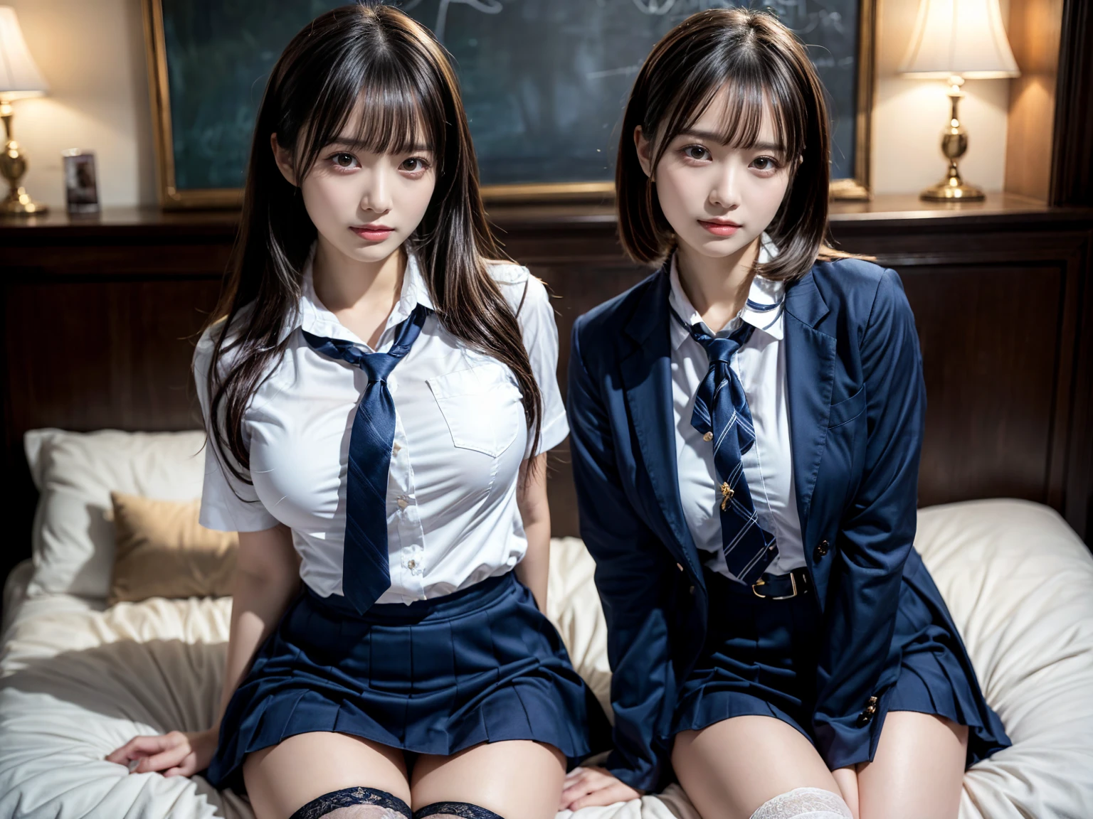 masterpiece, best quality, illustration, Super detailed, fine details, High resolution, 8K,wall paper, perfect dynamic composition,(Details High quality, realistic depiction of eyes:1.3), ((2 girls, 2 schoolgirls)), The background is a luxury hotel room、High school girl uniform、blazer 、Super Short Check Uniform Skirt、Navy blue high socks、garterbelts、Colossal tits、Disturbed uniform, Play with each other,Touching each other's bodies,Touching the body of the girl next door, short bob hair, black hair color, huge breasts, Big Natural Color Lip, bold sexy pose, (perfect body shape), crying a little、Harajuku style、Beautiful makeup,glitter makeup,Cutest 18 years old, beautiful legs, hposing Gravure Idol, Voluptuous thighs