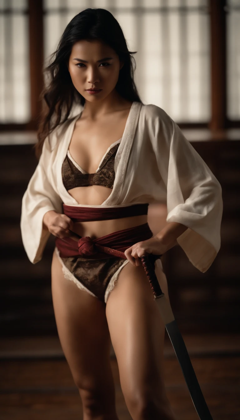 (best quality:1.2, highres, realistic:1.37), 18yo woman in intricate kinbaku rope bondage with bra, panties and stockings, graceful pose, captivating eyes, flawless skin, shiny black silk ropes, detailed knots, dramatic lighting, traditional Japanese art style, vibrant colors, intense emotions, powerful composition, skilful execution, evocative atmosphere