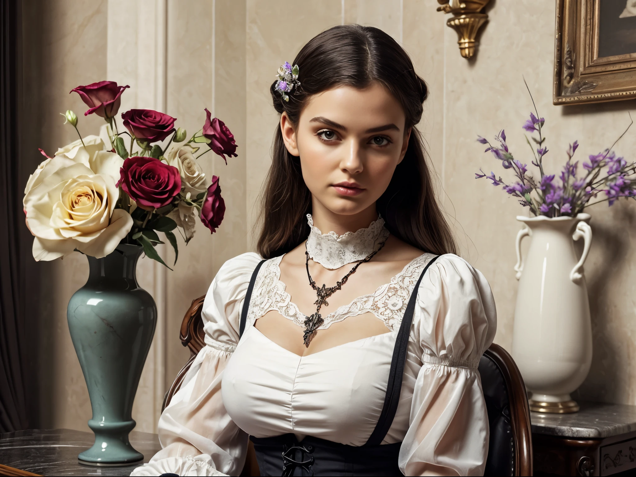 1girl, see-through lace dress, victorian gothic vampire style, mysterious, nightmarish dreamlike, detailed floral, crystals, minerals, perfect detailed jewelry, crystal jewelry, masterpiece, sharp focus, art nouveau, puffy sleeve, marble ombre background, (white lacquer vase:1.2), still life photography, in the modern interior environment, darkened room, (realistic:1.3), cinematic lighting, contrast lighting, super details, sharp focus, black victorian interior, gigantic breasts,