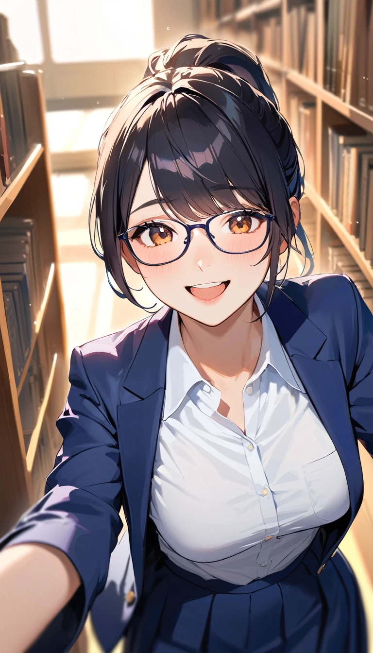 first-person view,18 yeaes old, a woman, ponytail, Black Hair, Glasses, (Joy),front,Navy blue blazer, White shirt, Navy blue long skirt, high school student,Barely,In the library,Blurred background