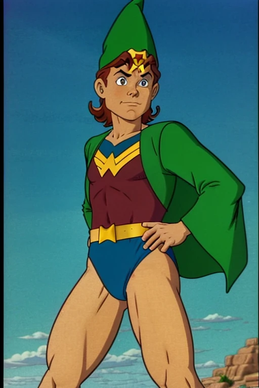 a redhead cartoon character, wonder woman outfit, green leotard, very muscular, 14 year old male wizard, 1980s cartoon, animated episode still, Presto (((mad))), ((Wears a wizard hat))