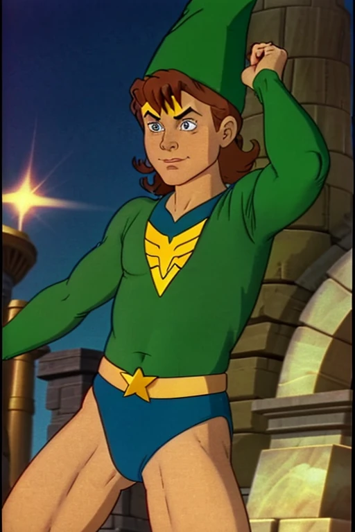 a redhead cartoon character, wonder woman outfit, green leotard, very muscular, 14 year old male wizard, 1980s cartoon, animated episode still, Presto (((mad))), ((Wears a wizard hat))