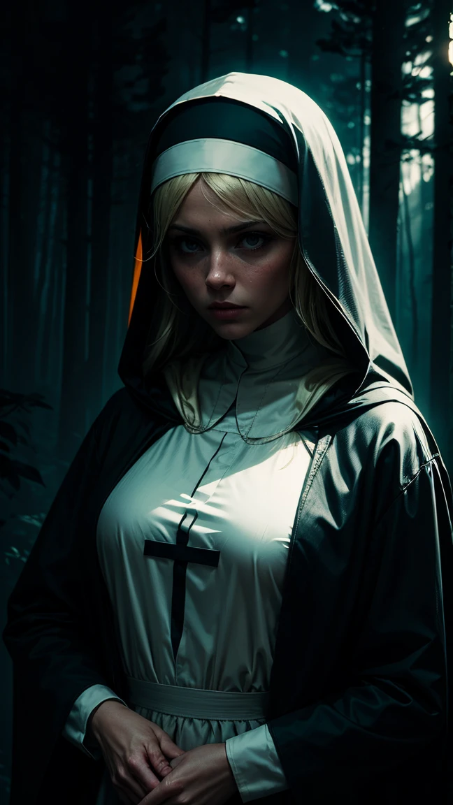 Vivid, high-contrast horror hooded adult 50 years blonde nun in white forest background under a dramatic, gritty lighting