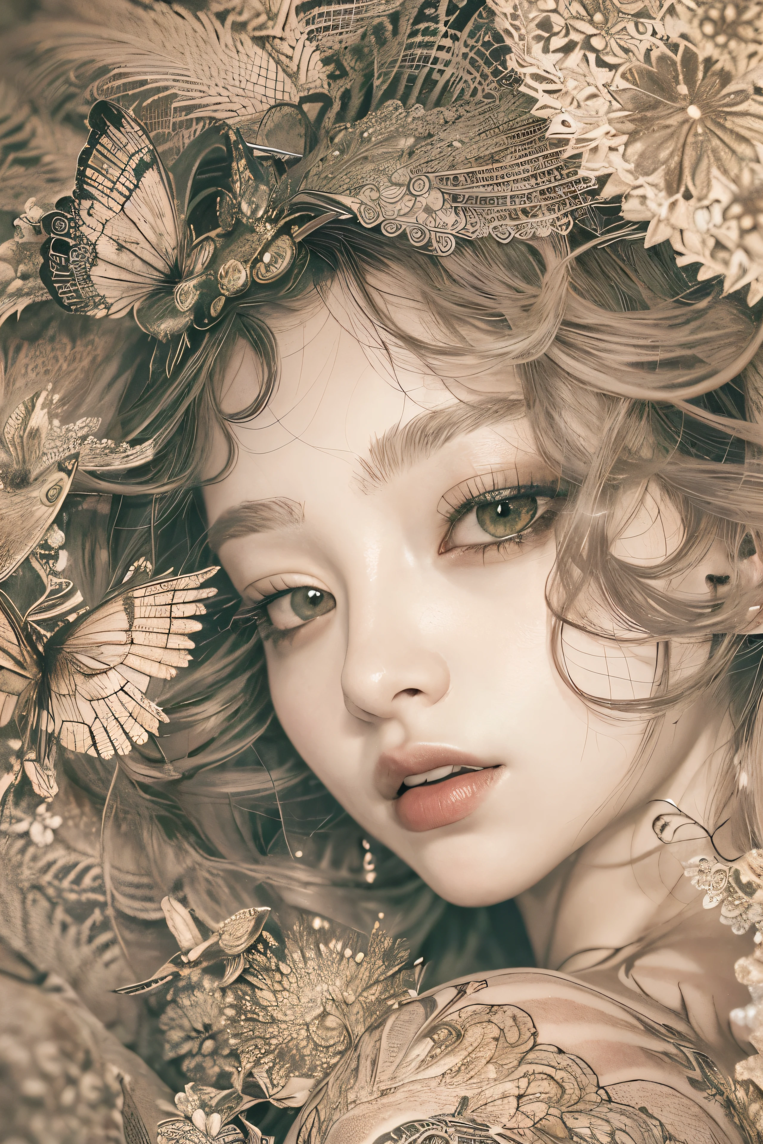 ((((masterpiece))), tattoo、Highest quality, An illustration, Beautiful details shine,
paper_cut, The details of a fragile girl's face captured on camera, wood, moon, butterfly,Wind、star、spider、Ladybug、centipede
