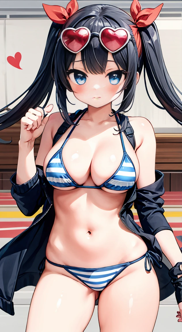 Side tie panties,,masterpiece, Highest quality, (anime screencap:1.3),(shape), cute,(Simple:1), (anime:1.2),Solo Sharp Focus, 1 girl, Cleavage,Looking at the audience, Motorcycle,Are standing,,(Browsing Caution:1.2),,Beautiful Hair,Horizontal stripes,heart shaped pupils,Denim print bikini,(Vivid and detailed Tropical drink 1.1),cute eyes,Puffy eyes,Seductive pose,Shining Face,Large Breasts,Twin tail hair,sunglasses on head,Hilarious