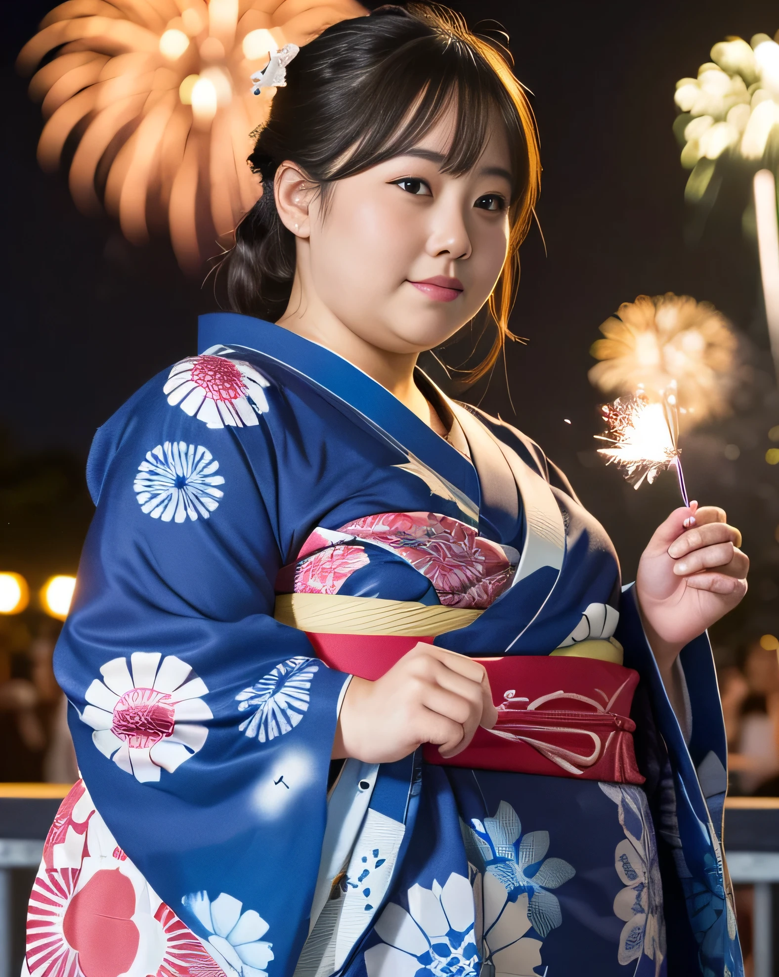 ((8k)), highest quality, 超High resolution, (High resolution), 1 girl, Japanese, Double chin, Overweight, Extremely fat, ((Chubby)), ((Watching the fireworks wearing a yukata))