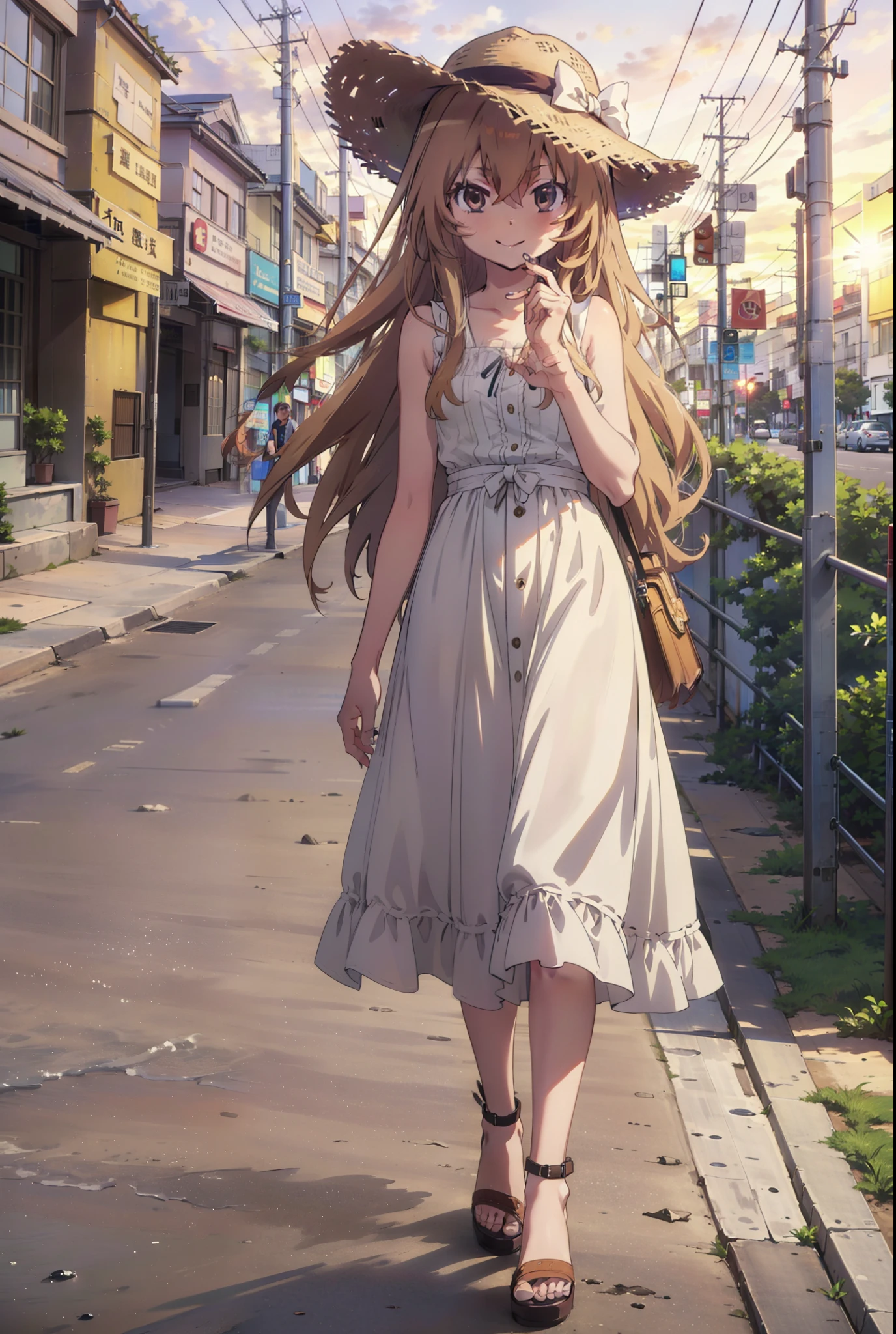 Aisaka Taiga, Aisaka Taiga, Long Hair, Brown Hair, Brown eyes,happy smile,smile, Close your mouth,Straw hat,White sleeveless dress,Long skirt,Heeled Sandals,evening,sunset,The sun is setting,whole bodyがイラストに入るように,Walking,　　　　　　　　　　　　  　　　　　break looking at viewer, whole body,　　　　　
break outdoors,Coastal Road,In town,
break (masterpiece:1.2), Highest quality, High resolution, unity 8k wallpaper, (shape:0.8), (Beautiful attention to detail:1.6), Highly detailed face, Perfect lighting, Extremely detailed CG, (Perfect hands, Perfect Anatomy),