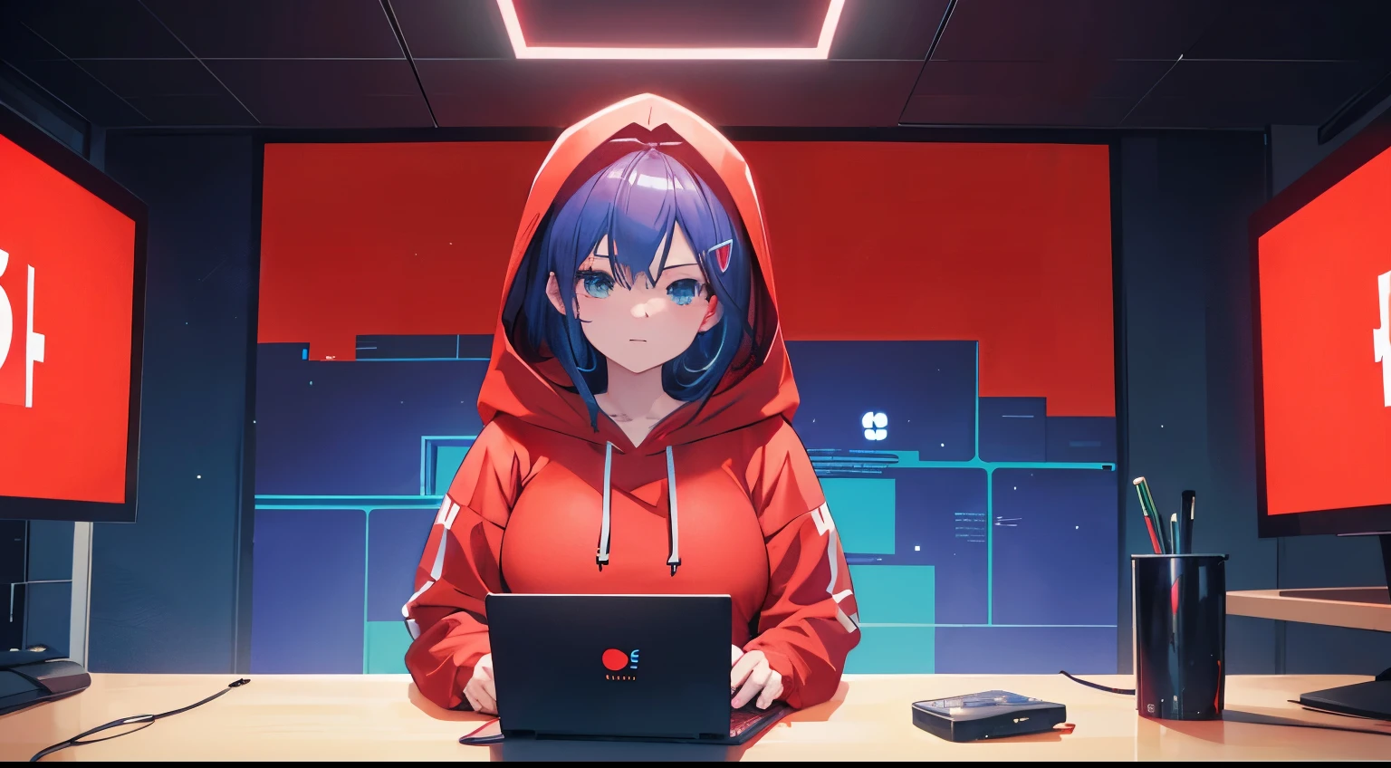 geeky smart anime cute,attractive girl talking wearing a red hoodie. she is sitting behind a laptop and microphone,looking left to camera,left centered character portrait,character in middle,cool background with red,green and blue lights,square big screen showing anime wallpapers on right side