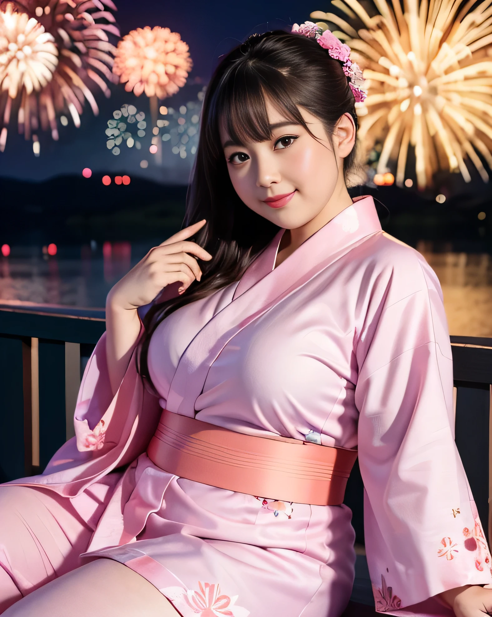 ((8k)), highest quality, 超High resolution, (High resolution), 1 girl, Japanese, Double chin, Overweight, Extremely fat, ((Chubby)), ((Watching the fireworks wearing a pink yukata))
