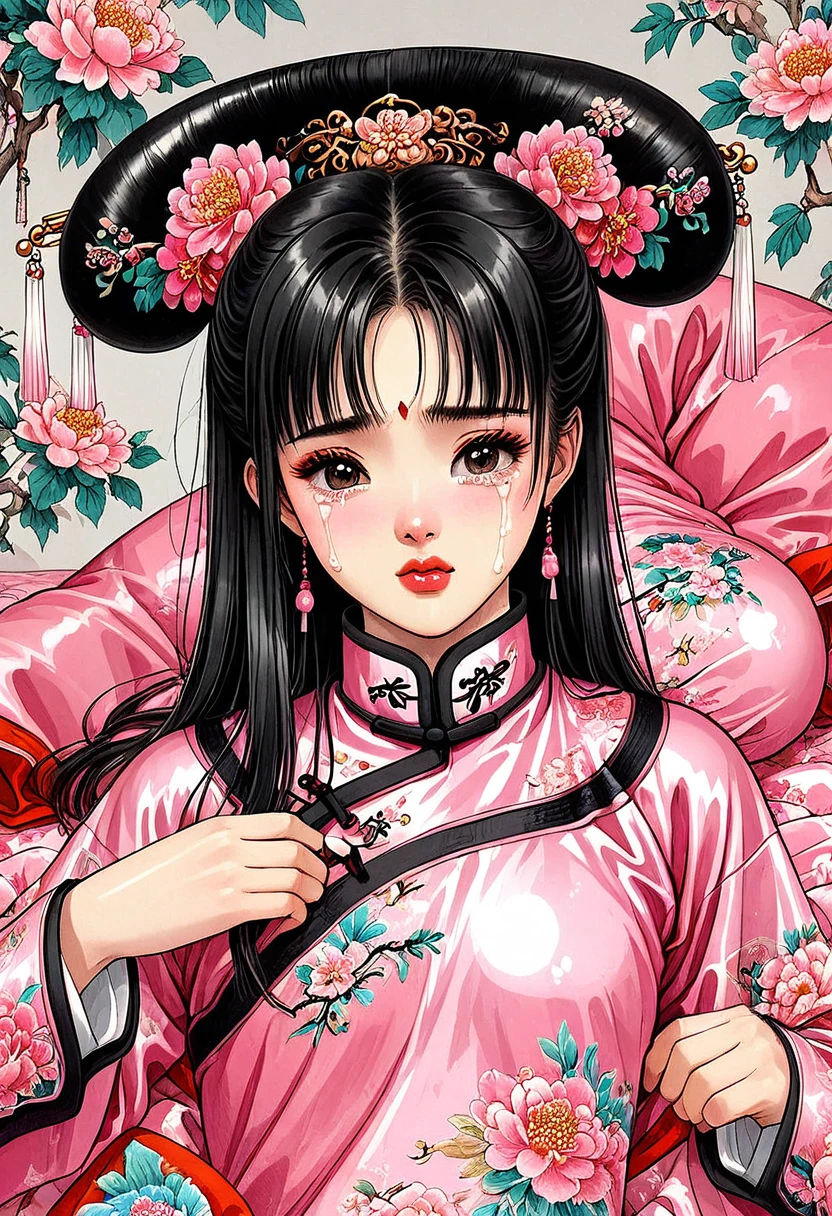 Beautiful 15-year-old Chinese street performer Beautiful black-haired girl She is wearing a shiny pink embroidered long sleeve Chinese martial arts suit. She is wearing pink shiny long sleeve embroidered Chinese trousers with large enlarged genitals She is prepared for birth on a floral glossy duvet She is crying in labor and giving birth with her legs wide open. She is exerting herself