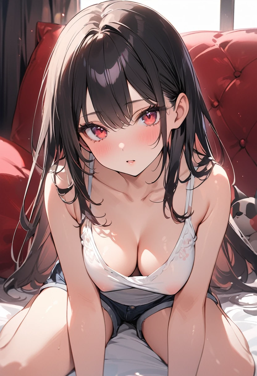 ((Highest quality))、((masterpiece))、(detailed)、((Anatomically correct))、(High resolution、8k)、(Beautiful Skin:1.1)、One woman、Look at me、Shiny black hair、long hair、Straight Hair、(Beautiful eyes:1.2)、F Cup、White camisole、Identify the shape of your nipples、Shorts、White Room、stuffed toy、window、
