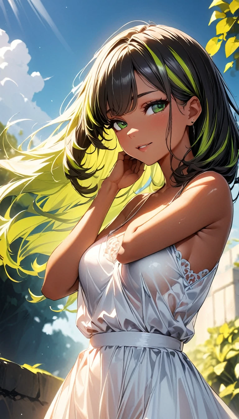 (highest quality:1.2, Very detailed, up to date, Vibrant, Ultra-high resolution, High Contrast, masterpiece:1.2, highest quality, Best aesthetics), Portraiture、solo, girl、(slim:1), (25-years-old), (sundress:1), ((Sheer dress1.6)), (lace dress), beautiful plateau, outdoor, blue sky, sunshine, Bright colors、Beautiful fine details、Beautiful lip detail、long hair、ponytail, white and yellow green ((streaked hair:1.6)), highlights hair: 1.5, (medium breast:1) , (tan skin:0.9), cute pose, ((cowboy shot:1))