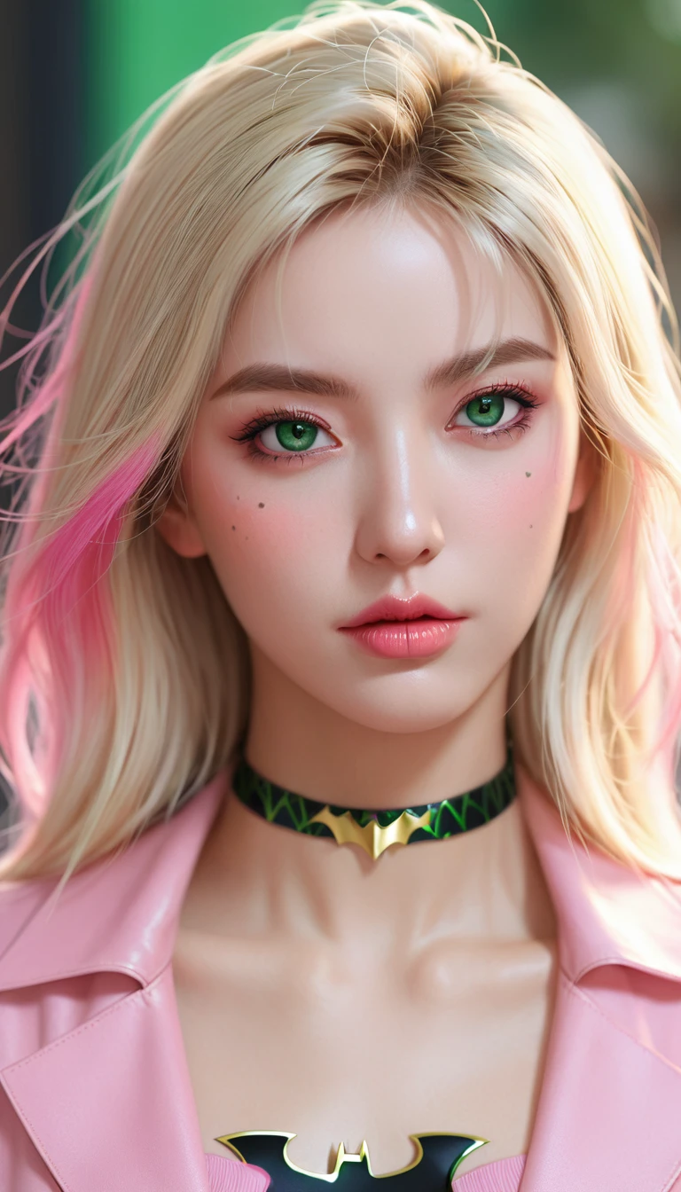 Woman blonde green eyes pink batman black top, realistic art style, Rossdraws Portrait, Artistic Jem Portrait, Anime realistic art style, 4k realistic digital art, 4k realistic digital art, 8K Artgerm bokeh, deviantart artstation cgscosiety, ArtGerm Extremely Detailed, Produced in collaboration with Anime Painter Studio, RossDraw Numbers