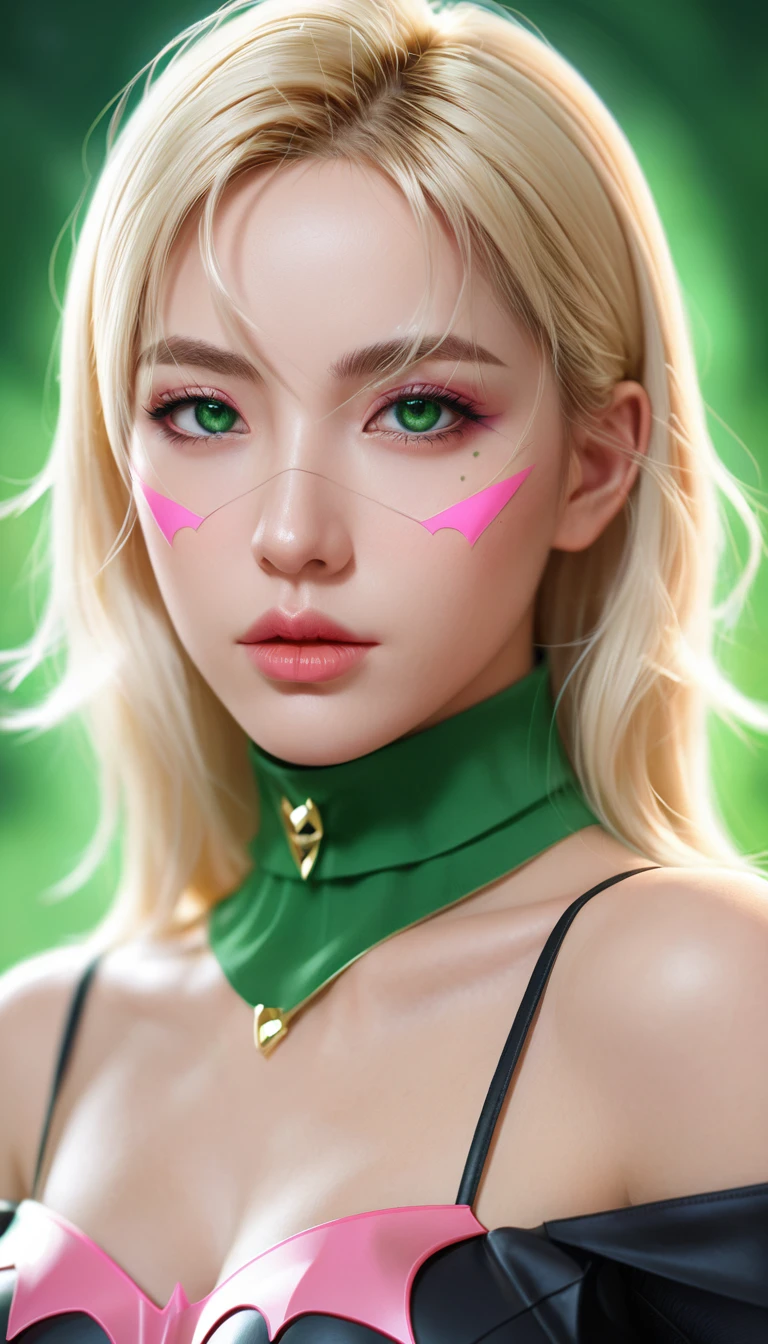 Woman blonde green eyes pink batman black top, realistic art style, Rossdraws Portrait, Artistic Jem Portrait, Anime realistic art style, 4k realistic digital art, 4k realistic digital art, 8K Artgerm bokeh, deviantart artstation cgscosiety, ArtGerm Extremely Detailed, Produced in collaboration with Anime Painter Studio, RossDraw Numbers