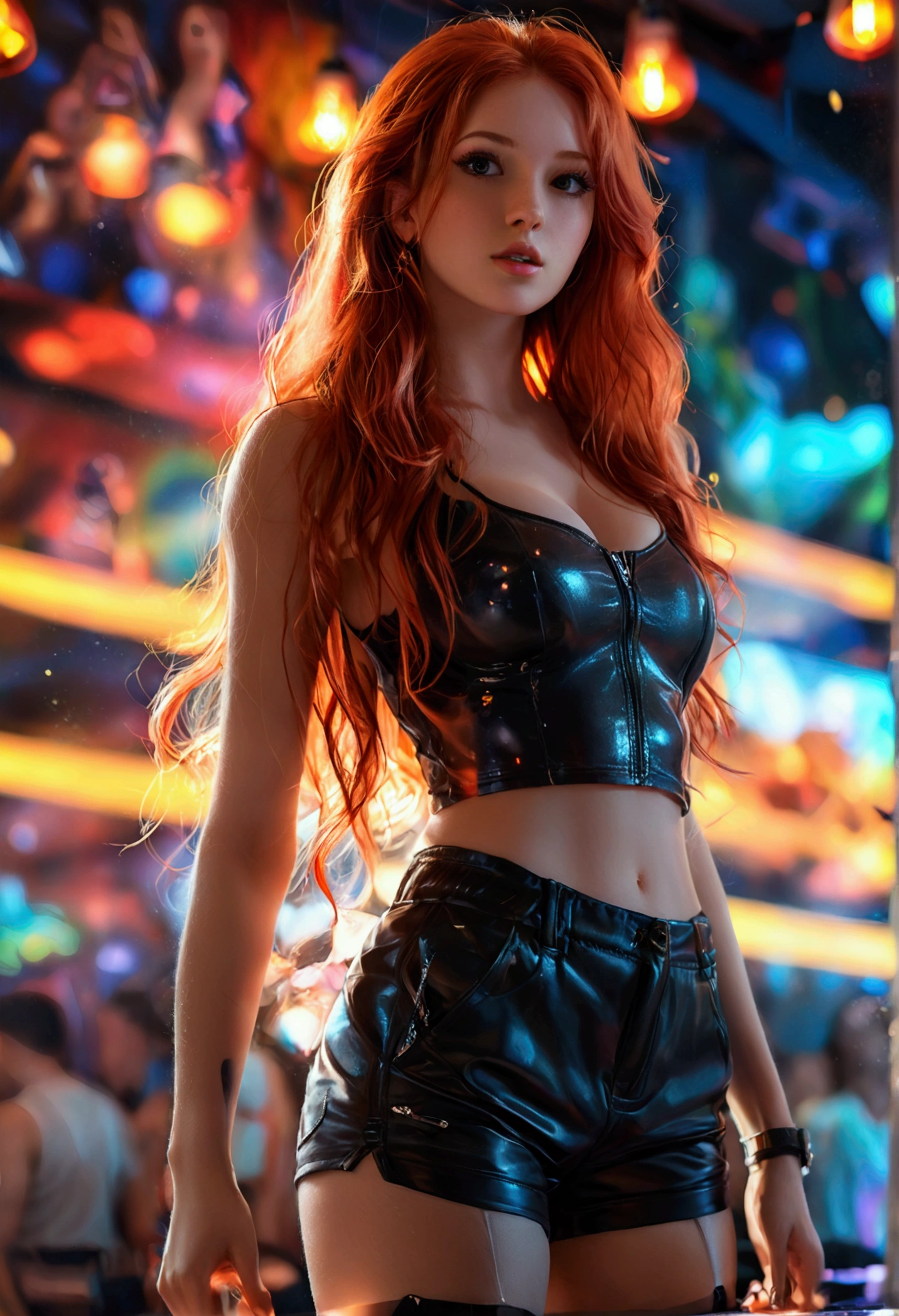 ultrarealistic, photography, long red hair, girl, 24 years old, hourglass figure, perfect body, natural small breasts, extremely detailed artgerm, in the style artgerm, lens 35 mm, blur background, she is standing in a club, wearing a short top, sleeveless, black shorts and tights, sneakers