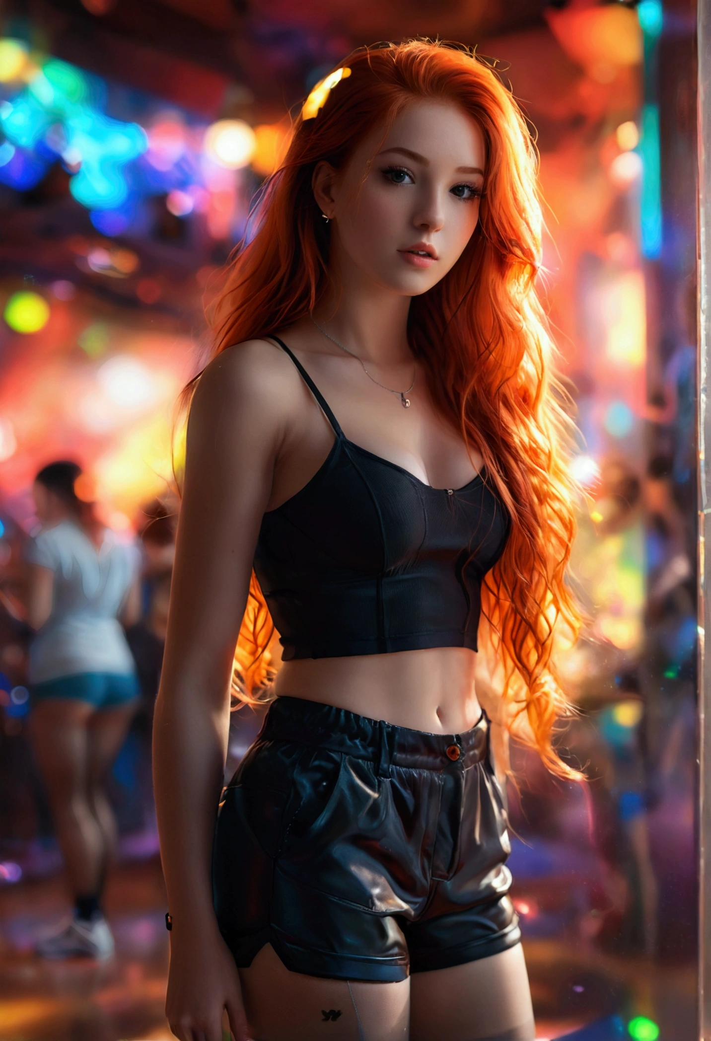ultrarealistic, photography, long red hair, girl, 24 years old, hourglass figure, perfect body, natural small breasts, extremely detailed artgerm, in the style artgerm, lens 35 mm, blur background, she is standing in a club, wearing a short top, sleeveless, black shorts and a pantyhose, sneakers