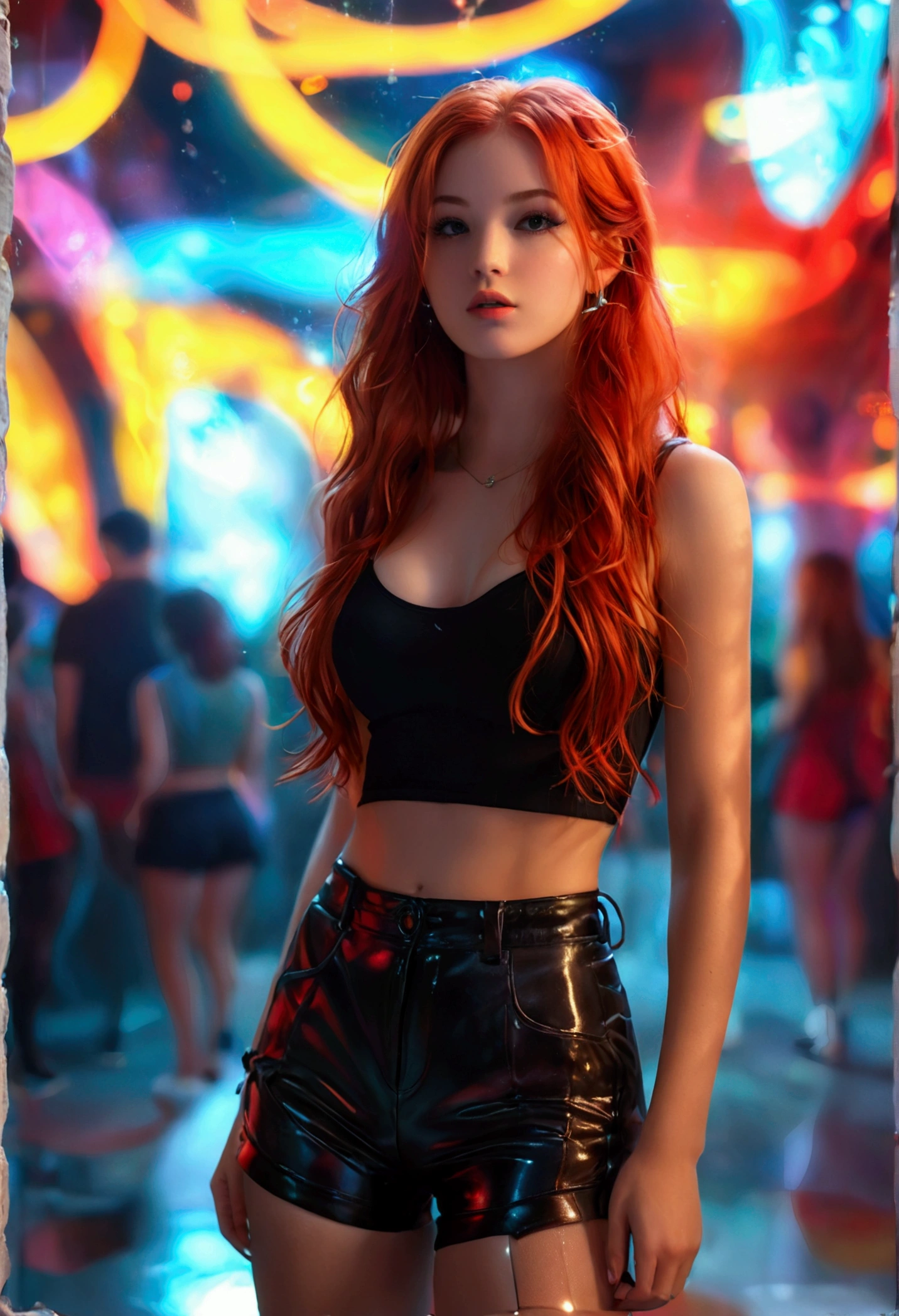 ultrarealistic, photography, long red hair, girl, 24 years old, hourglass figure, perfect body, natural small breasts, extremely detailed artgerm, in the style artgerm, lens 35 mm, blur background, she is standing in a club, wearing a short top, sleeveless, black shorts and a pantyhose, sneakers