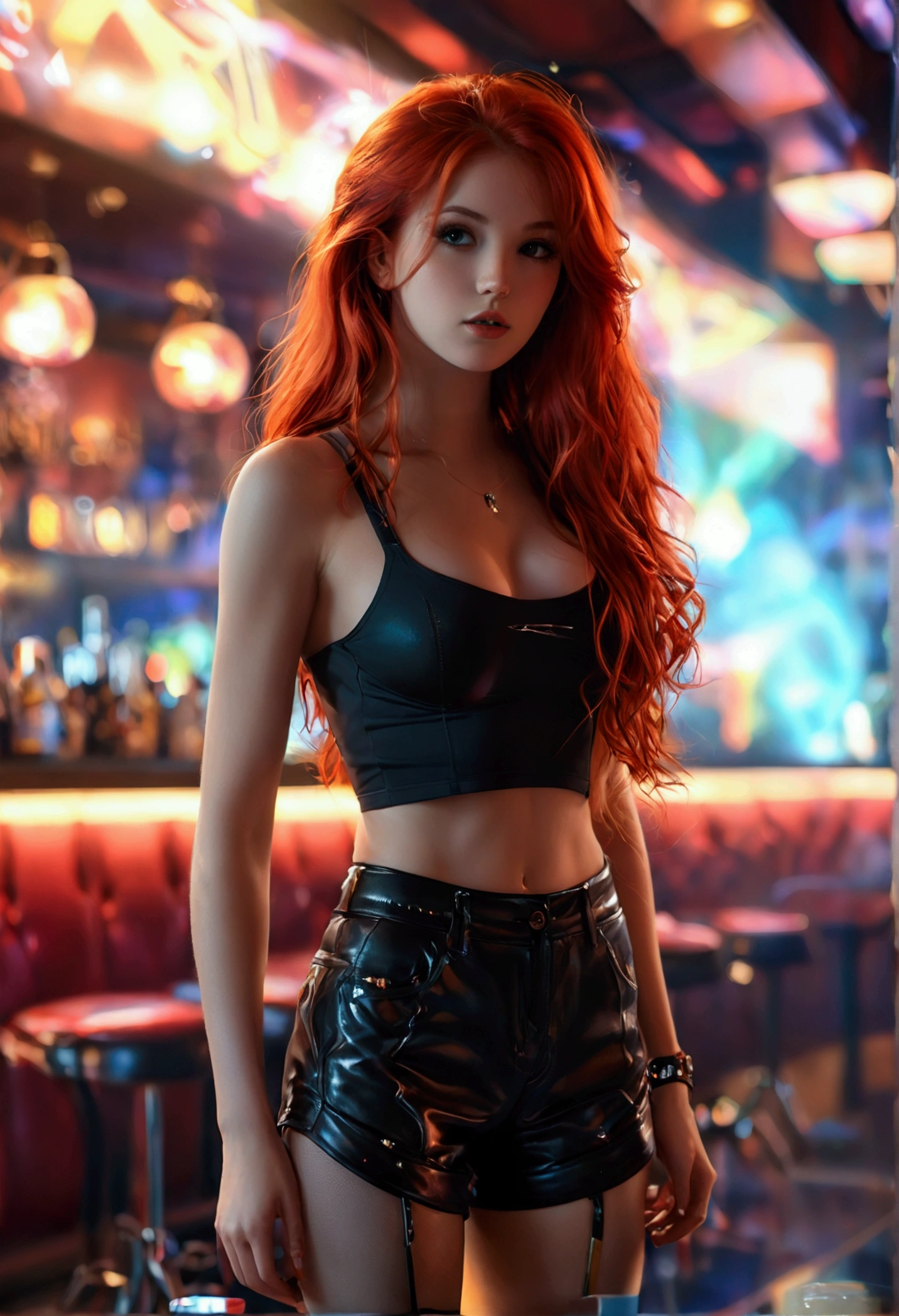 ultrarealistic, photography, long red hair, girl, 24 years old, hourglass figure, perfect body, natural small breasts, extremely detailed artgerm, in the style artgerm, lens 35 mm, blur background, she is standing in a club, wearing a short top, sleeveless, black shorts and a pantyhose, sneakers