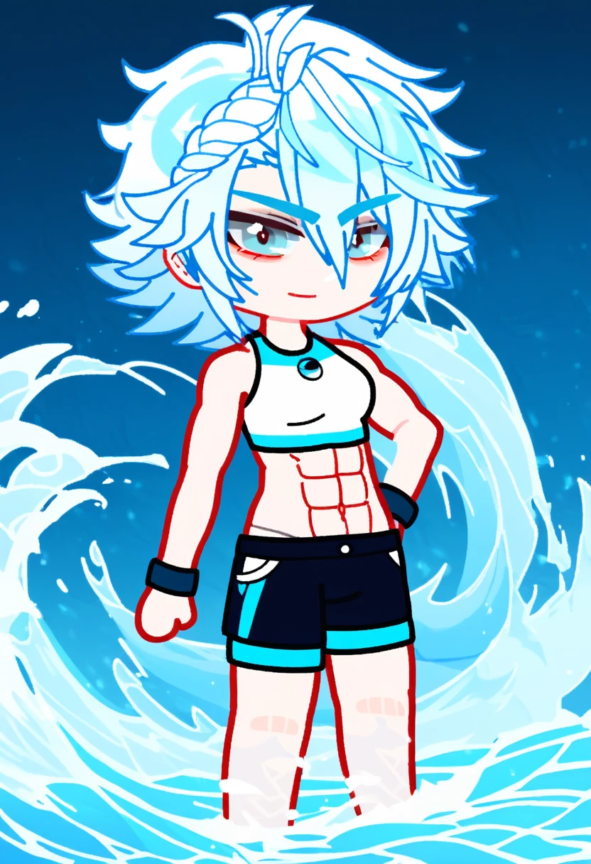 up to, chibi, confident and full of energy, pumped up. Hair white wave. His eyes are like bright blue waves, give confidence. Eyebrows are thin and dark, which gives him a determined look. You can see a naked torso with abs, shorts with pockets, inflated arms. standing straight, medium length hair