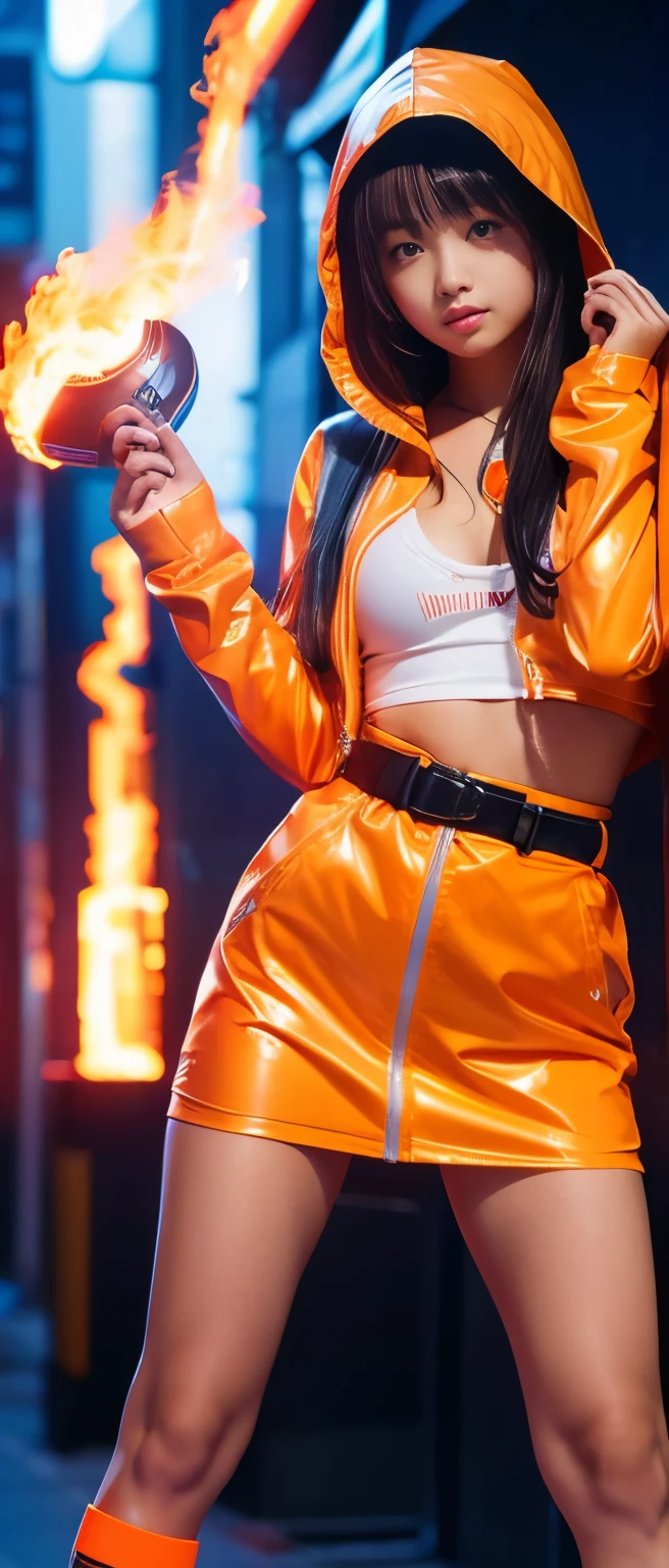 Cute Teen Idol Girl、whole body、Good style、、、、、、、、、、Sun-tanned thick legs、Fluorescent orange and silver cyberpunk costume（Hooded jacket、Belt of Fire）、Cool girl face、Glowing