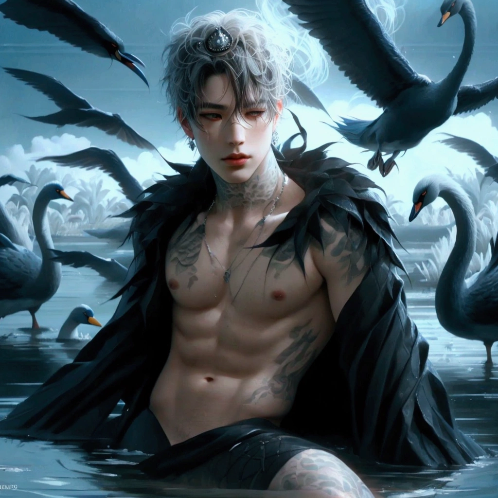 arafed male in a crown sitting on a body of water surrounded by swans, by Yang J, adi granov, neoartcore and charlie bowater, black swans, birds f cgsociety, dark fantasy mixed with realism, fantasy art behance, magali villeneuve', fantasy male portrait, male art, [ trending on cgsociety ]!!