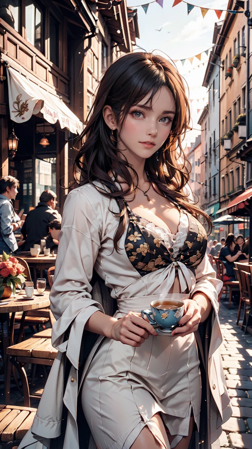 On a European cafe terrace、Elegant woman holding a tea cup、Gazing into the distance。Cobblestone streets and historic buildings are in the background.