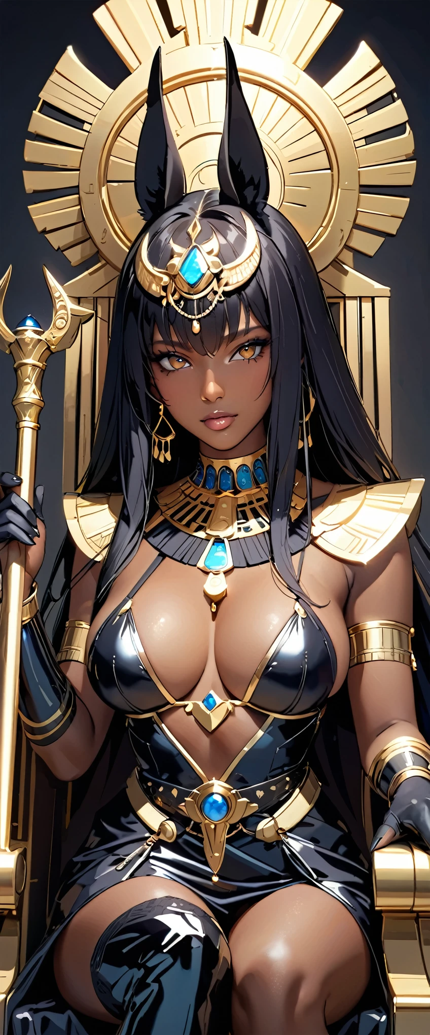 (masterpiece:1.2, Highest quality,Highest quality,Super detailed:1.2),8k,Wallpaper Female Anubis God,(Detailed face,Beautiful Face,Beautiful Skin,Dark Skin,Beautiful Hair),(Functional),(Revealing outfits),(Shining Jewelry),(Shiny Costumes),Sitting on the throne,Holding a walking stick,Upper body close-up,(Hand,detailed,perfect,perfection,hands),(((Detailed hands,Beautiful female hands)))