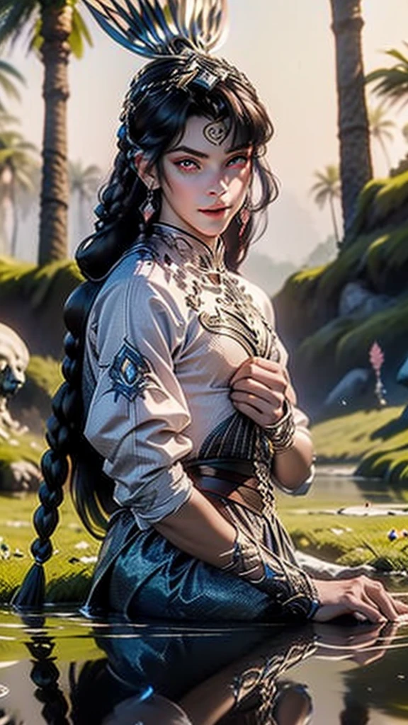 (man:1.5),(1 man),(1man),male vampire,((male vampire from ancient Egypt)),vampire,((1male,handsome male,male gender:1.5)),(macho man:1.3),
(((black hair,long hair messy hair,colored inner hair))),(((red_eyes:1.3))),intricate eyes,beautiful detailed eyes,symmetrical eyes,(man chest),handsome face,flat chest,slim figure,muscle, 1boy,pectoral,((((pale skin,lustrous skin:1.5,bright skin: 1.5,shiny skin,very shiny skin,shiny body)))),(((detailed face))),
((dark character,corruption)),nsfw,
,black cape around shoulders,red tunic,golden buttons,black gloves,dream eater,gold scarab necklace,pants,((bulge in pants)),black arabic pants,(((intricate outfit,embroidered outfit,ornate outfit,intricate clothes,embroidered clothes,ornate clothes))),
dynamic pose,looking at viewer,serious attitude ,centered,scale to fit dimensions,Rule of thirds,
outdoor,scenery,(swamp,background skulls),extremely scenery,(puddles everywhere,moss,moss in the background),(fog in the background),clouds,black lily pads,palms,reeds,(((skulls floating in puddles))),(sunset, golden hour),
(Glossy Egyptian ornaments),highres,sharp focus,(ultra detailed,extremely detailed),(photorealistic artwork:1.37),(extremely detailed CG unity 8k wallpaper),(((vibrant colors,vibrant theme))),(intricate),(masterpiece),(best quality),artistic photography,(photography taken by sldr),(intricate background),perfect rendered face,perfect face details,realistic face,photo realistic,((intricate detail)),(((realism))),