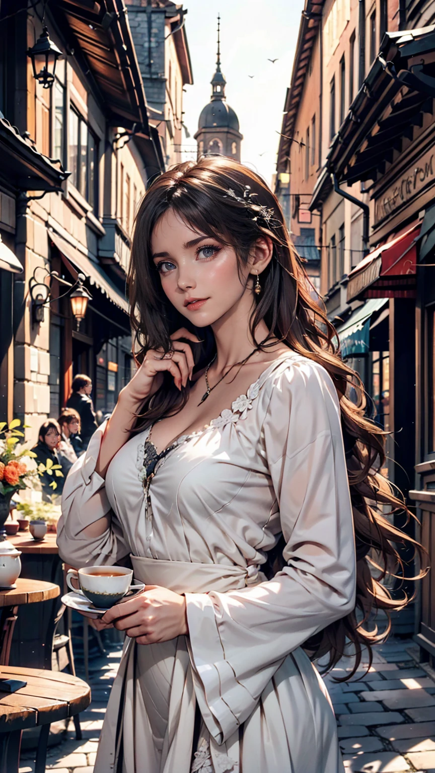 On a European cafe terrace、Elegant woman holding a tea cup、Gazing into the distance。Cobblestone streets and historic buildings are in the background.