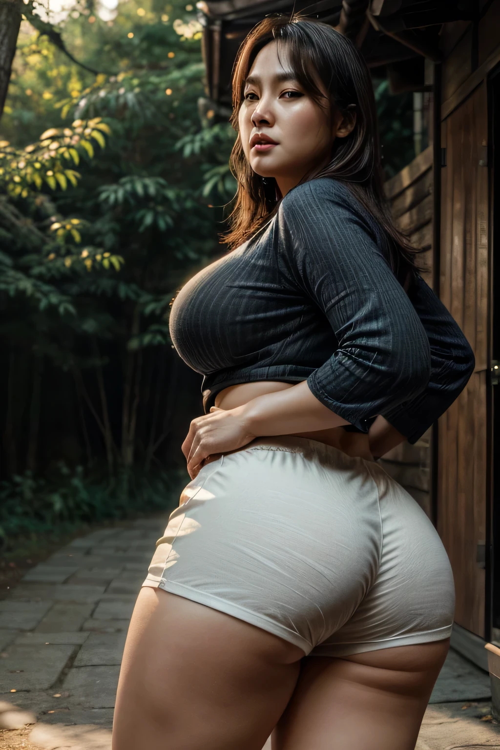 A chubby middle-aged Korean woman with a big bust and a large butt, wearing a very tight shorts and top, outdoor scene, highly detailed, photorealistic, (best quality,8k,hyperrealistic:1.2),extremely detailed face and body, beautiful detailed eyes,beautiful detailed lips,extremely detailed eyes and face,long eyelashes,realistic skin texture,realistic lighting and shadows,intricate details,cinematic lighting,warm color tones,natural environment,beautiful scenery