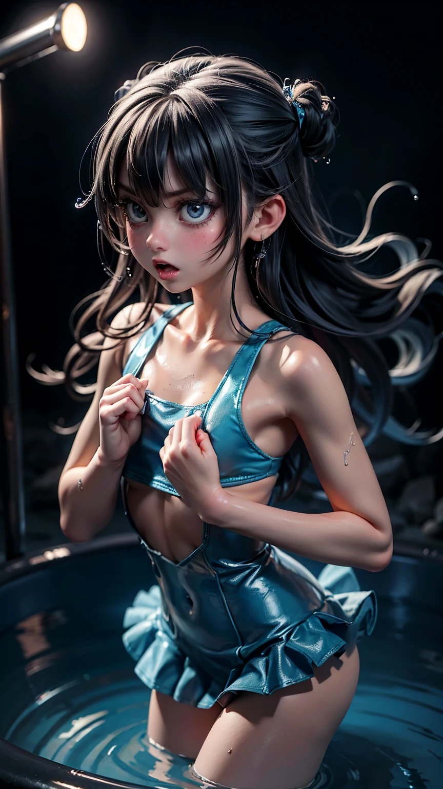 A cute girl with angry emotions with open mouth on face, girl stuck in blue water ice tub, holding onto blue water drops with their hands, hands up for helping, holding a sign board with text "Stuck on it little monsters floating around The background color is light gray
