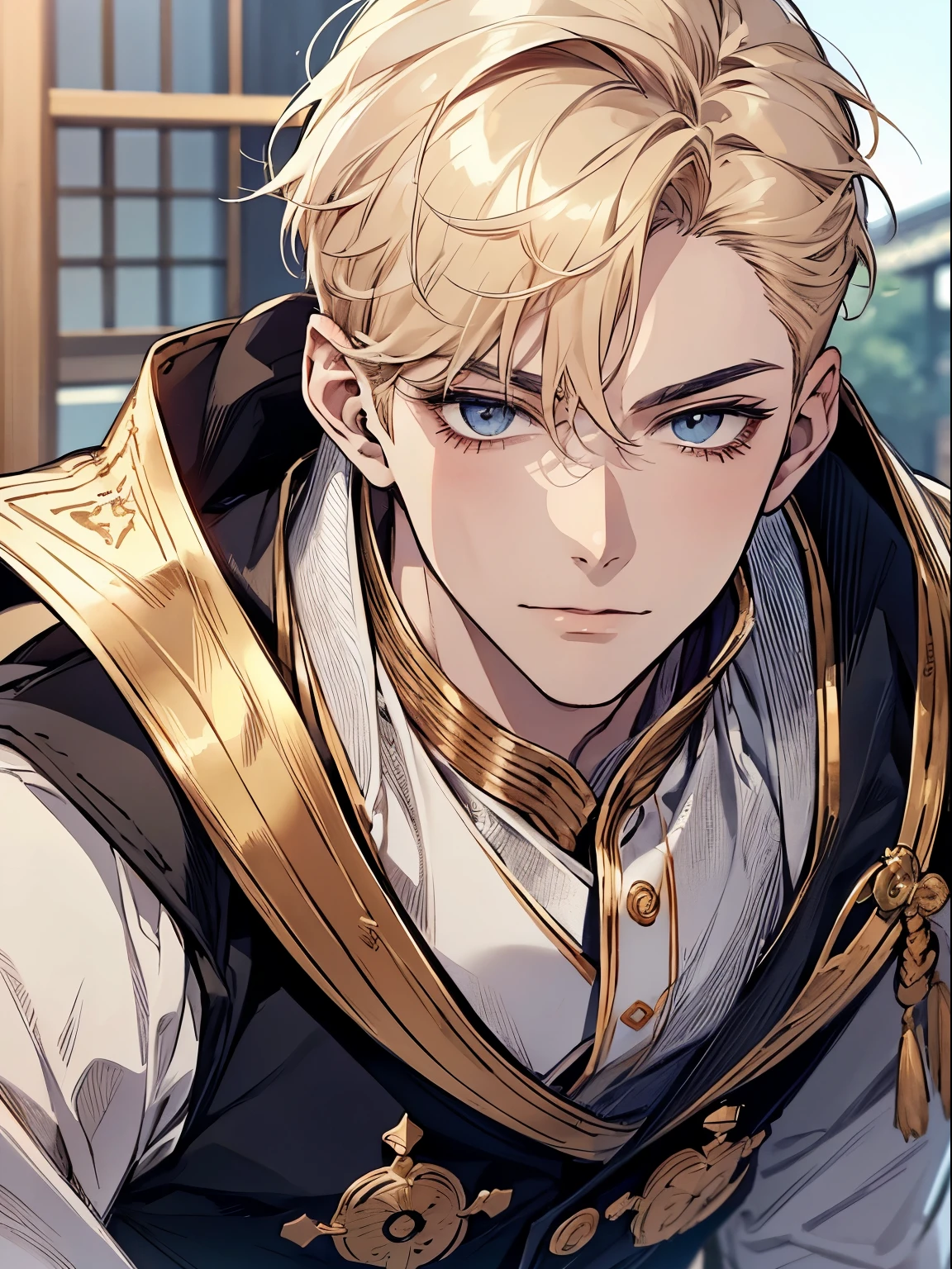 Super detailed,Haig quality,sketch,One boy,Gentle men,Beautiful Face,(Gold shorthair),Handsome man,Pearly skin,shirt,Japanese High School,Dynamic Angle,Japan anime,whole body,Look forward