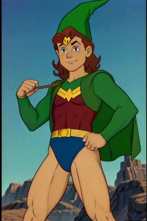 a redhead cartoon character, wonder woman outfit, green diaper, very muscular, male wizard, 1980s cartoon, animated episode still, Presto (((mad))), ((Wears a wizard hat))