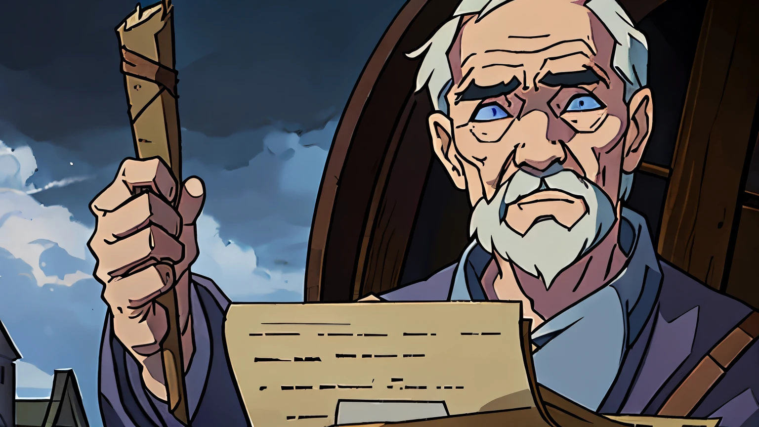 Medium shot of A 70-year-old countryman with a worn and wrinkled face, cloudy yet penetrating eyes that reflect his wisdom, dressed in tattered church clothes presenting a scroll,