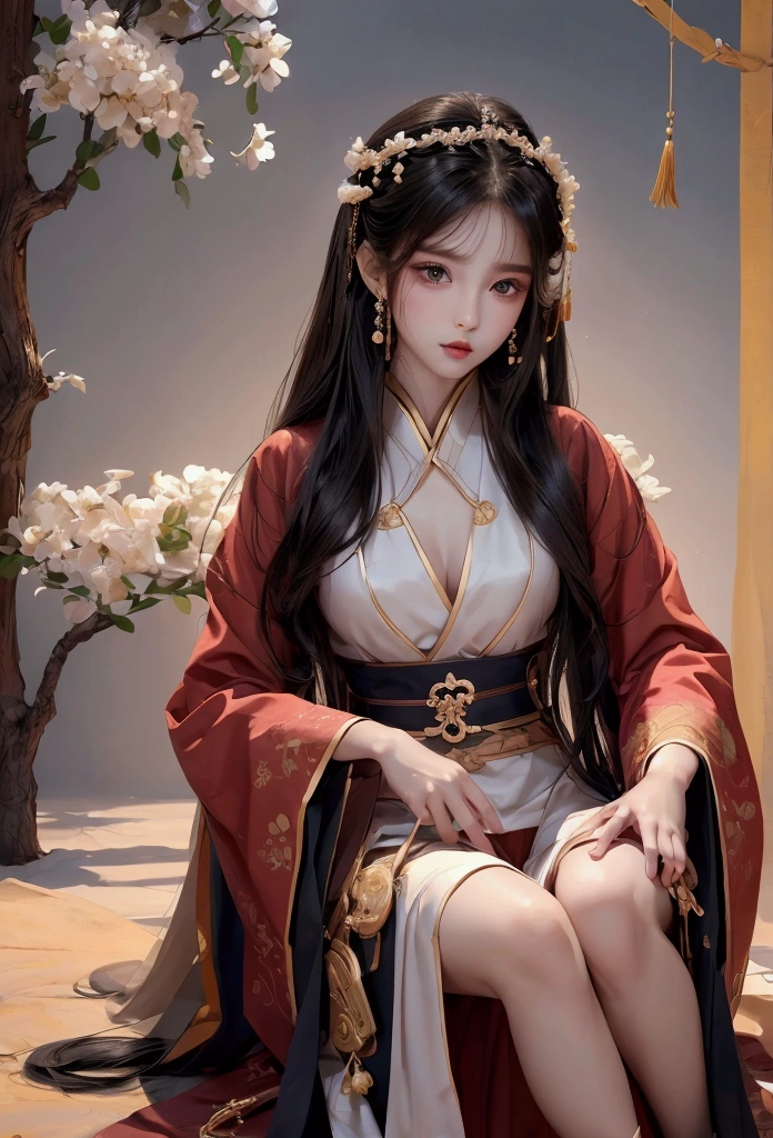 Best image quality、8k、masterpiece:1.3))、Realistic high-quality photos、Highest quality、 Beautiful face、Photos of slim models、Beautiful girl model、Young and pretty face、Beautiful model girl、A lovely and delicate face、Black Hair、Beautiful brown eyes、Young Body、Hanfu, (emphasize)、from the front、Camera gaze,、Anatomically correct、胸の谷間をemphasize、whole body、 female model