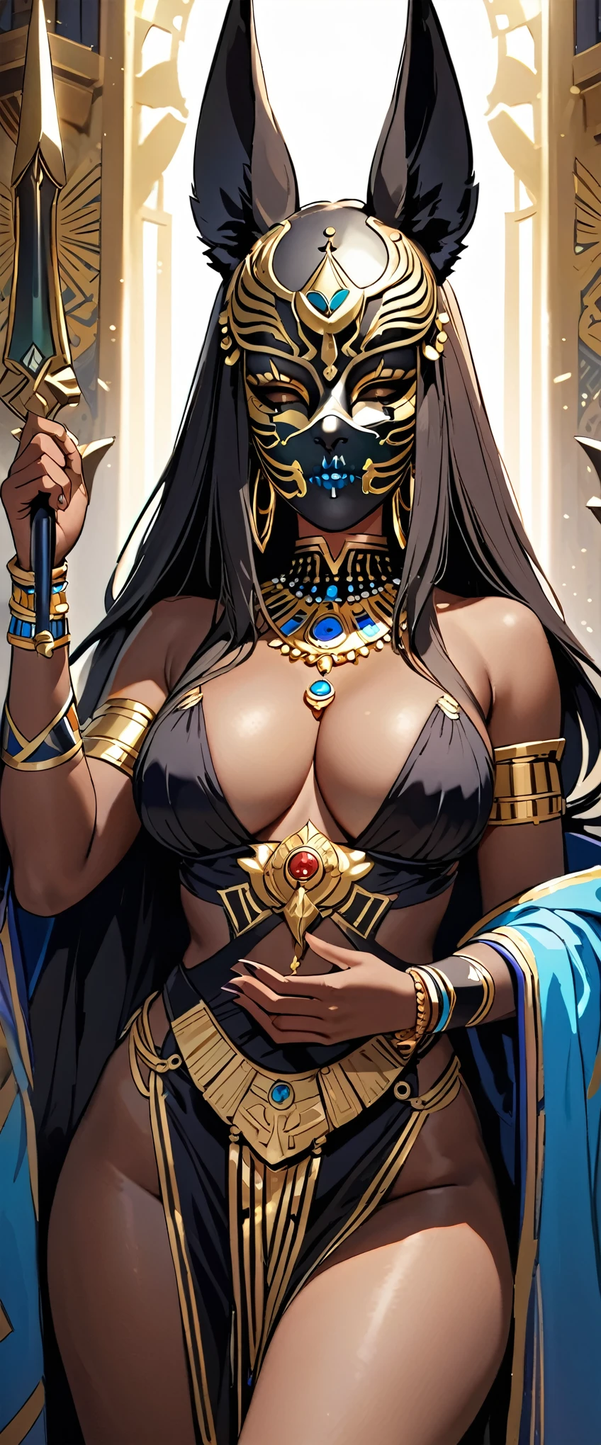 (masterpiece:1.2, Highest quality,Highest quality,Super detailed),8k,Wallpaper Female Anubis God,(Detailed face,Beautiful Face,Beautiful Skin,Dark Skin,Beautiful Hair),(Functional),(Revealing outfits),(Shining Jewelry),(Shiny Costumes),(Give a congratulatory speech:1.6),(Masks to mourn the dead:1.6)(Hand,detailed,perfect,perfection,hands),(((Detailed hands,Beautiful female hands)))