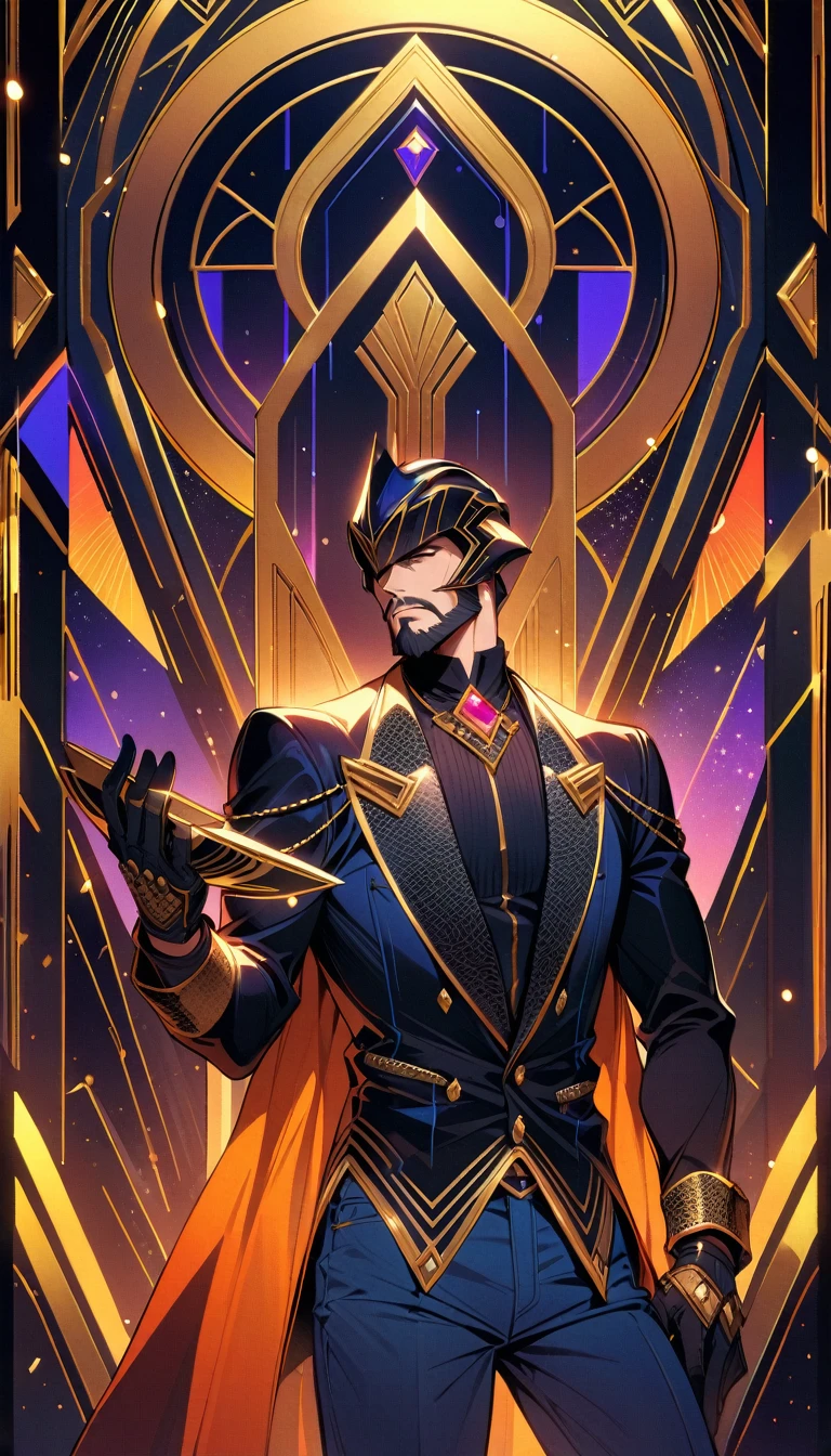 ((best quality)) , ((masterpiece)) , (detailed),1boy, male focus, solo, shirt, helmet, pants, denim, armor, facial hair, blue pants, gloves, beard, jeans, holding,(((art deco style. geometric shapes, bold colors, luxurious, elegant, decorative, symmetrical, ornate, detailed)))