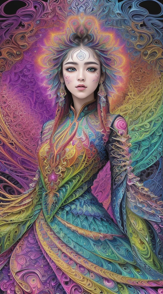 (masterpiece, top quality, best quality, official art, beautiful and aesthetic:1.2), (1girl:1.3), extremely detailed,(fractal art:1.2),colorful,highest detailed,(zentangle:1.2), (dynamic pose), (abstract background:1.5), (treditional dress:1.2), (shiny skin), (many colors:1.4), upper body