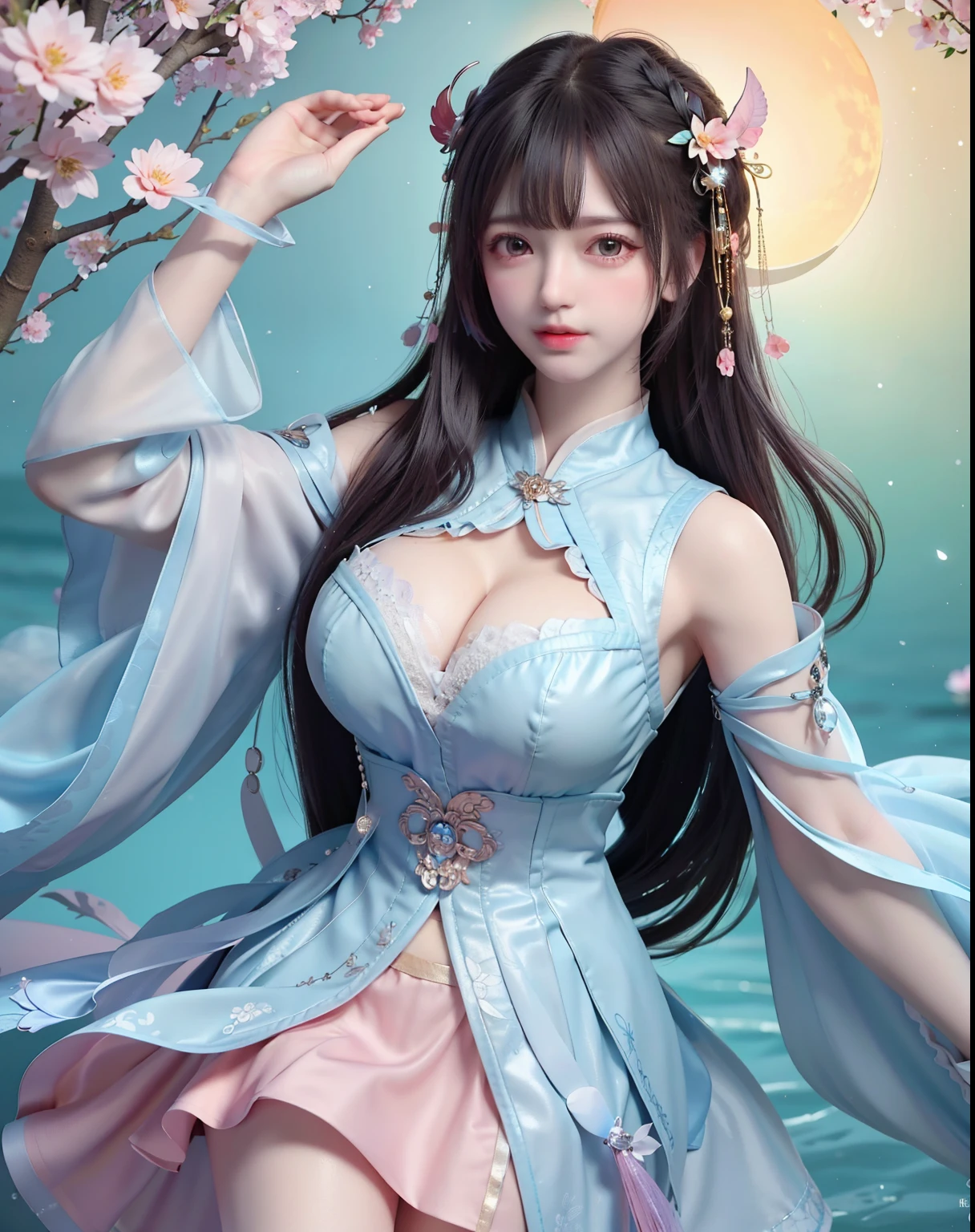 (8k, RAW photo:1.2), best quality, ultra high res,dramatic angle,(fluttered detailed color splashs), (illustration),(((1 girl))),(long hair),(rain:0.9), (Headdress:1.4),There is an ancient palace beside the girl,Hanfu,(Key Points),Color ink painting,(Splash of Color),Splash of Color,(((colorful))),(sketch:0.8) , Masterpiece, best quality, beautiful painted, highly detailed,(denoising:0.6),[splash ink],((ink refraction)), (beautiful detailed sky),moon,highly,detaild,(masterpiece, best quality, extremely detailed） CG Unity 8k Wallpaper，masterpiece，best quality，Ultra Detailed），（Lycoris）. hanfu open v   open V-chested clothes Thin silk lace dress , (huge ，cleavage),, white pink, blue ，best qualtiy，tmasterpiece，Ultra-high resolution，（Reality：1.4），RAW photogr，（True skin texture：1.3），（filmgrain：1.3），（Selfie angle），1个Giant Breast Girl，Beautiful eye and face details，tmasterpiece，Best quality at best，，The chest more exposed， detailed hair, bra pink , detail 8k, upper body, lace petticoat