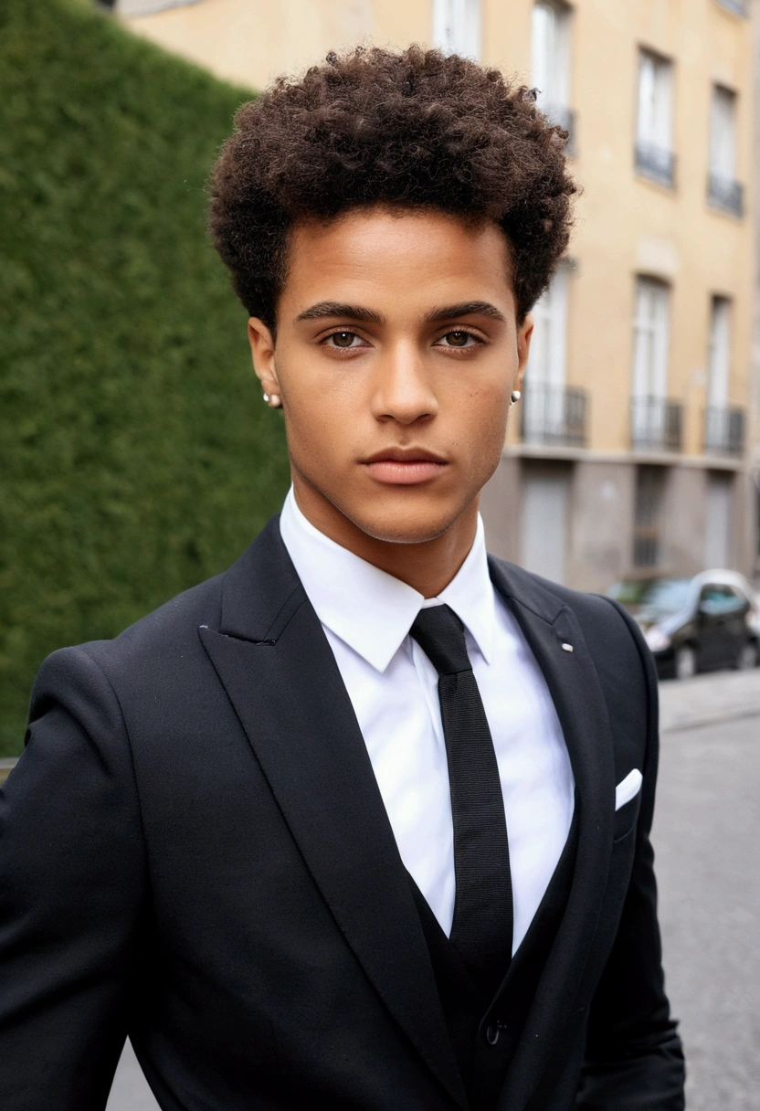 Le beau look – Des yeux saisissants et courts. cheveux noir très courts, (rasé:1.3), (25ans:1.3). -style brut lightskin; suit; photo prise de loin