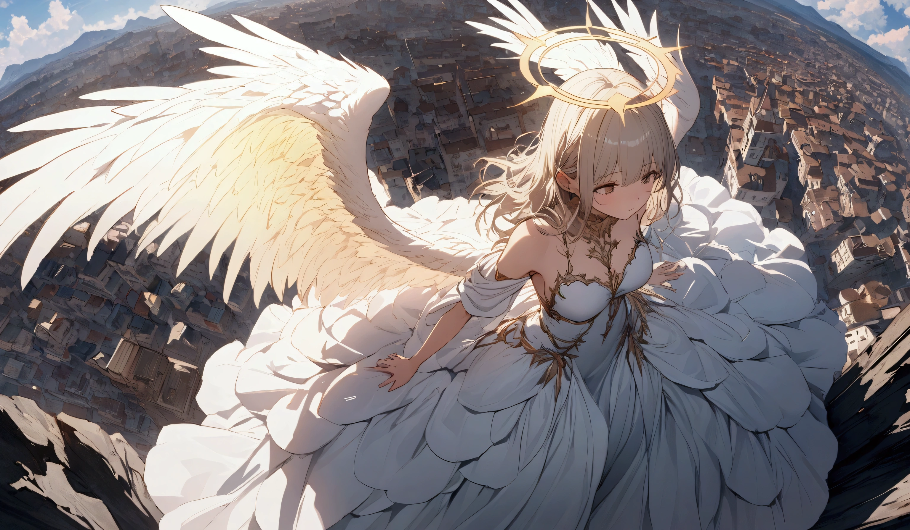 
a (Rear view:1.5) A very beautiful female angel\(Long platinum blonde hair, Wide back white dress,(There are beautiful big angel wings on the chest),Very beautiful shiny halo\), She gently opened her arms，Seeking redemption, She is above the clouds, looking down at the world below, Fierce war\((So many sparks and flames), fail, fighter, Many buildings collapsed, Nature is destroyed, Magnificent scenery\) Happening Under the Clouds, rest ,quality\(8K,Extremely detailed CG unit wallpaper, masterpiece,high resolution,top-quality,top-quality real texture skin,Surrealism,提high resolution,RaW 照片,Best quality,Very detailed,wallpaper,light,Ray Tracing,Golden Ratio\),[National Foundation],Dynamic Angle,[National Foundation],from above