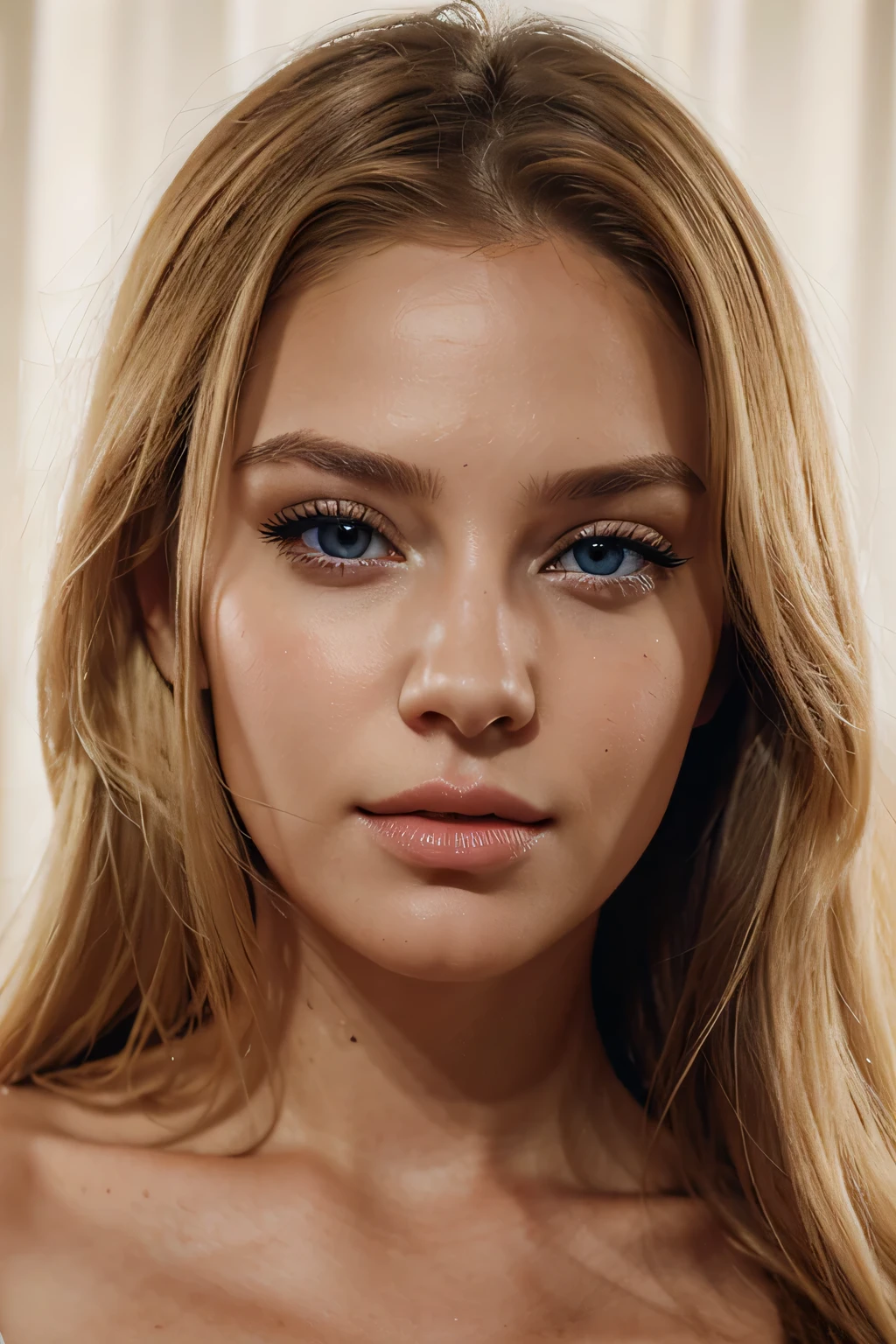 Face Beautiful blonde woman, hyper realistic, 4K, yeux clair, voluminous lip,