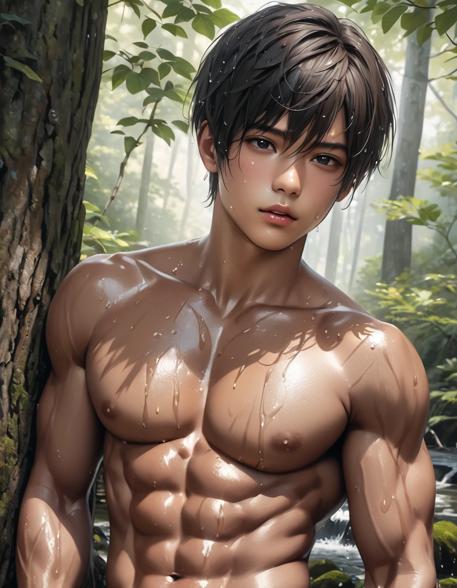 high quality, detailed, Realistic,(one 22 years old tanned japanese boys:1.5), (detailed black eyes), (black short hair), (muscle:1.5), (tanned dark brown skin), woods, (black tiny thong), (bulge), (detailed nipples), detailed areola, best quality, 4k, 8k, highres, (masterpiece:1.2),ultra-detailed, (realistic, photorealistic, photo-realistic:1.37), wet body, (face close up:0.8),--no watch,