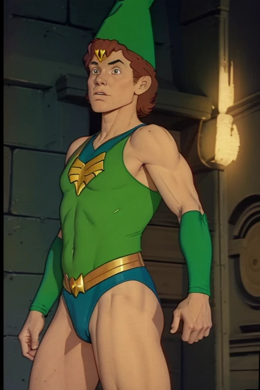 a redhead cartoon character, wonder woman outfit, green leotard, very muscular,  male wizard, 1980s cartoon, animated episode still, Presto (((mad))), ((Wears a wizard hat))