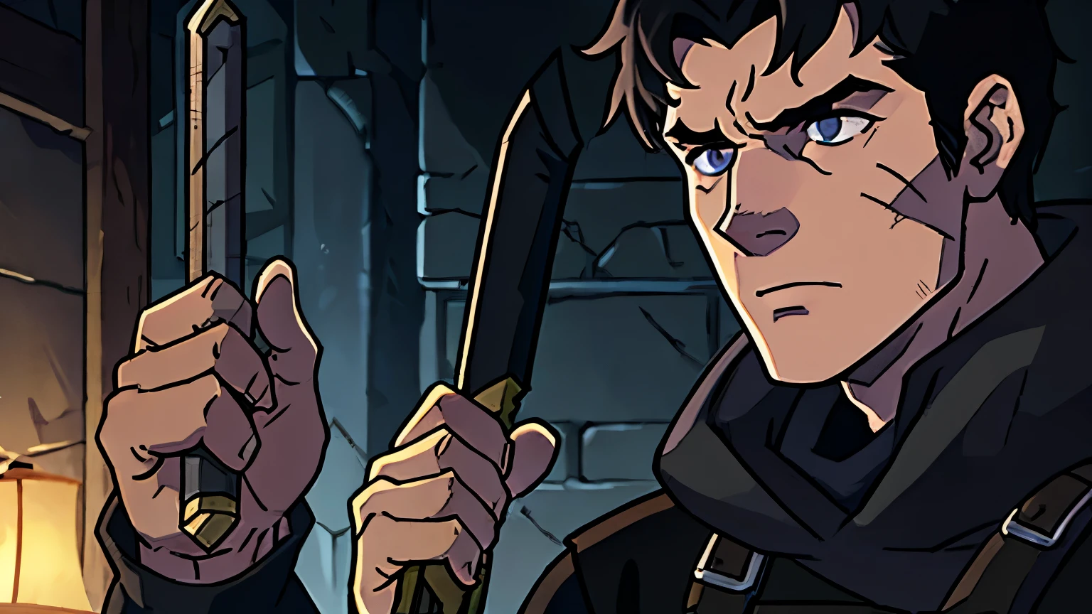 A close-up of a 28-year-old male rogue mercenary holding a scroll with a rugged, scarred face, gray eyes, a sad, introspective expression, dark tousled hair that is partially covered. A hood and a soft diffused light that highlights his scar and eyes against the blur