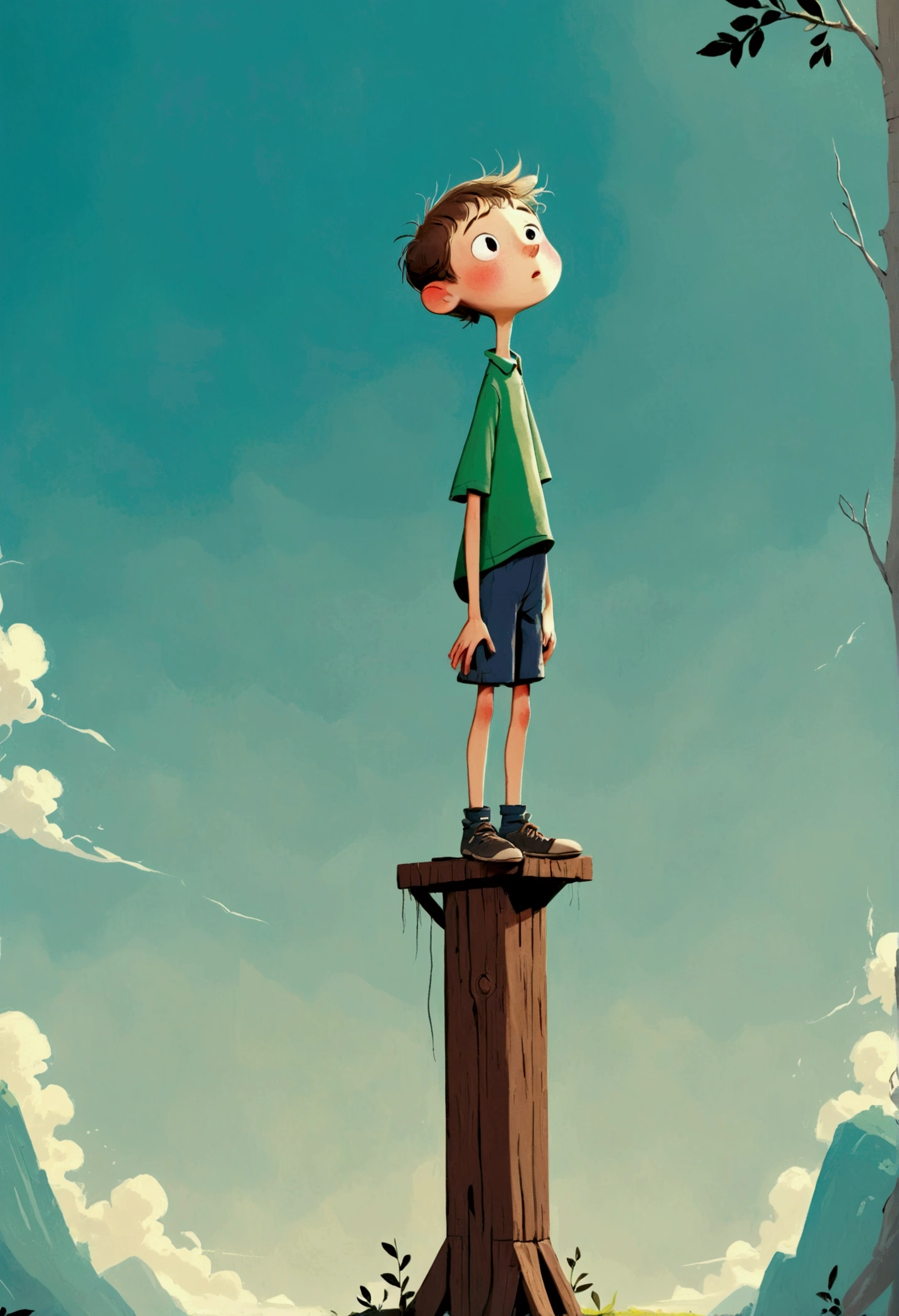 Stick Figure, standing on a wooden stake looking into the distance,Fear of heights,whole body, Solid color background